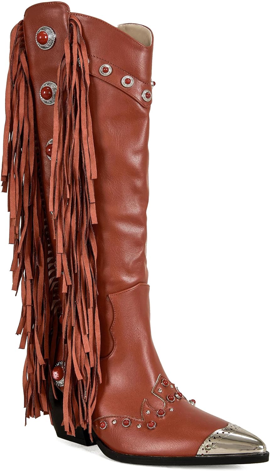 Fringe Cowboy Boots for Women Steel Toe Cowgirl Boots with Studs Chunky Heel Knee High Boot Zipper Beaded Country Western Shoes
