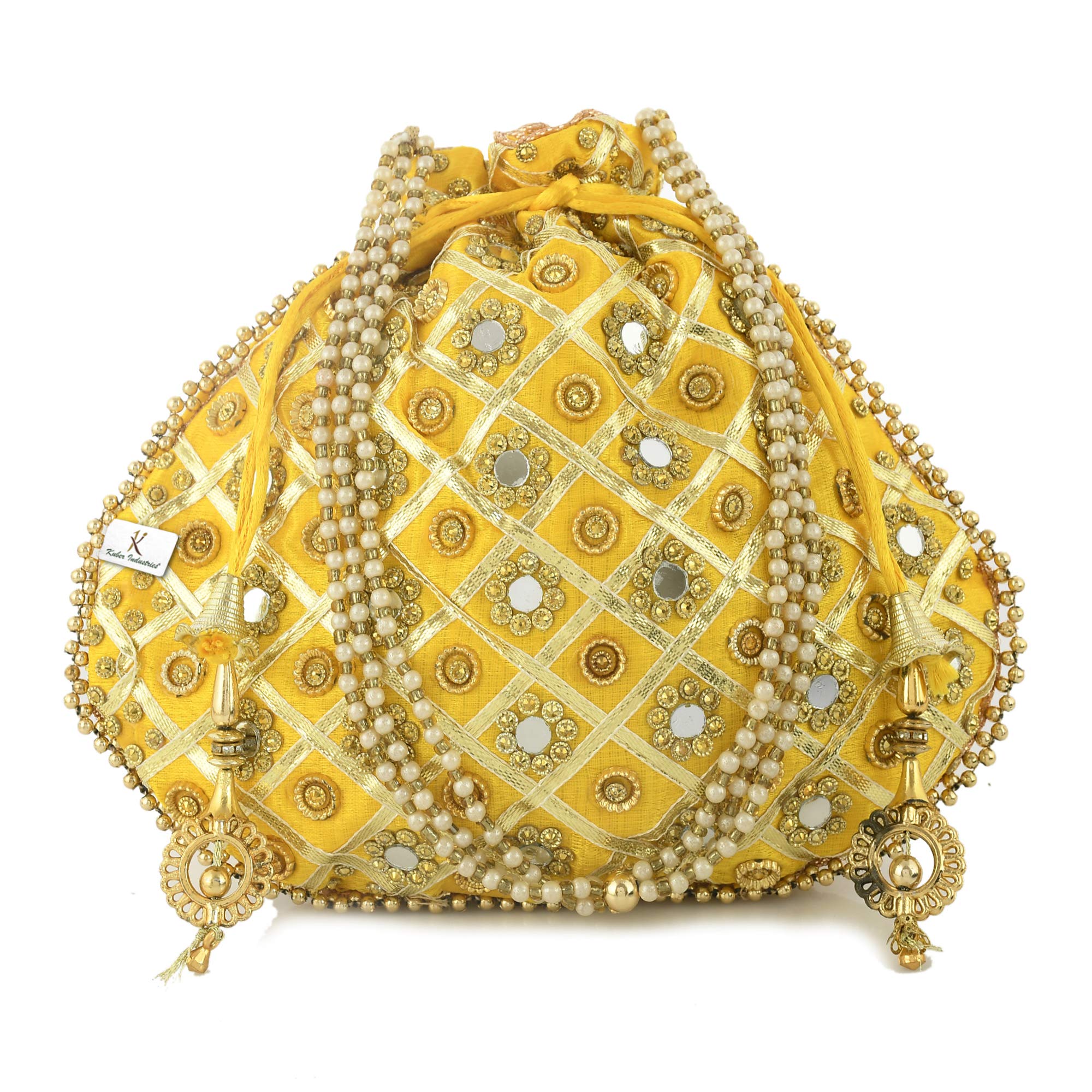 Indian Collectible - 2 piezas de mano de mano con espejo tradicional de seda para novia, casual, fiesta, boda (dorado y rojo) - KUBMART11508, Multi