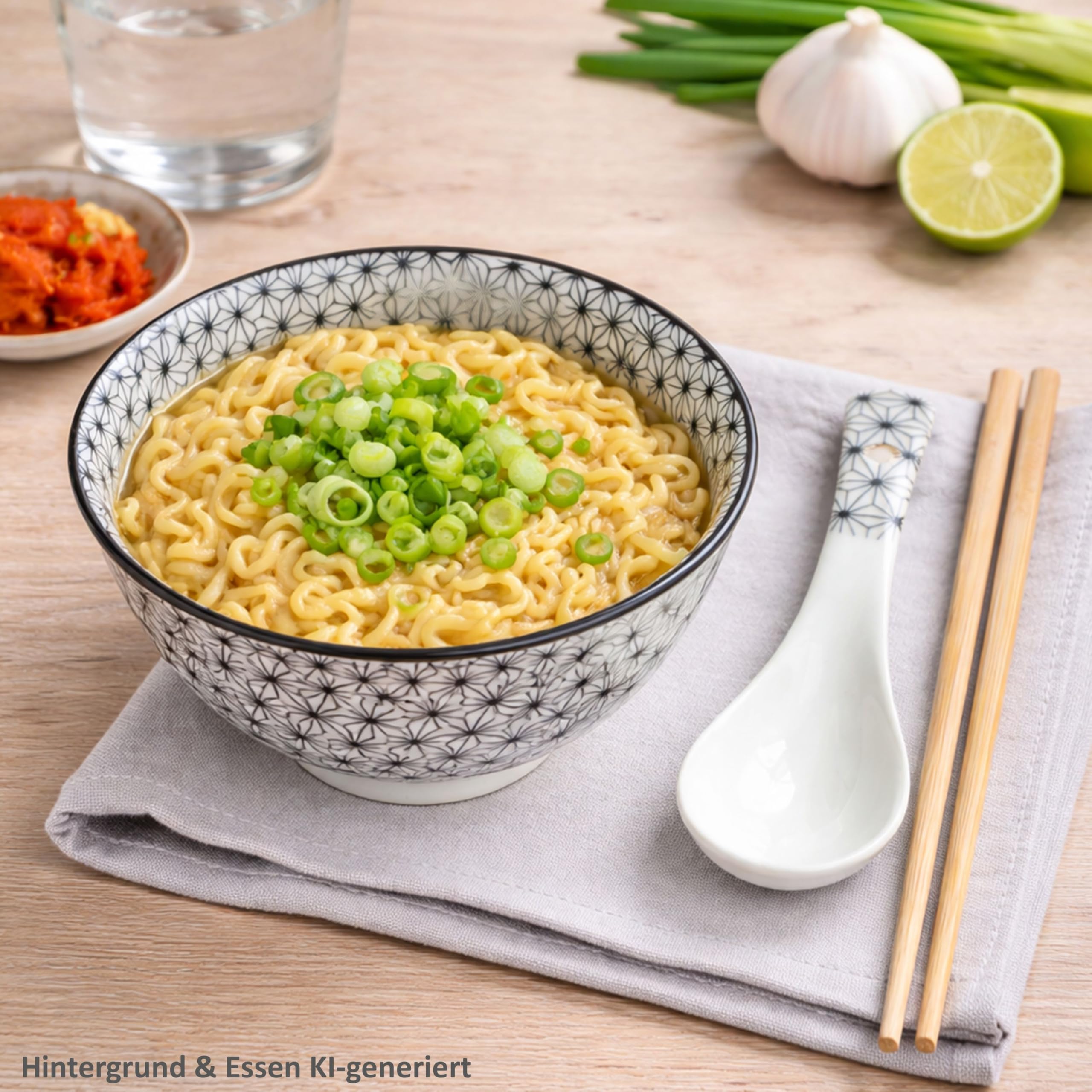 MamboCat Sushi Set für 4 Personen I asiatisches Geschirr Set aus Keramik & Bambus I schwarz weiß I je 4x Schale 230ml, Löffel & Stäbchen I für Sushi, Ramen & Suppen I Reis-Bowl