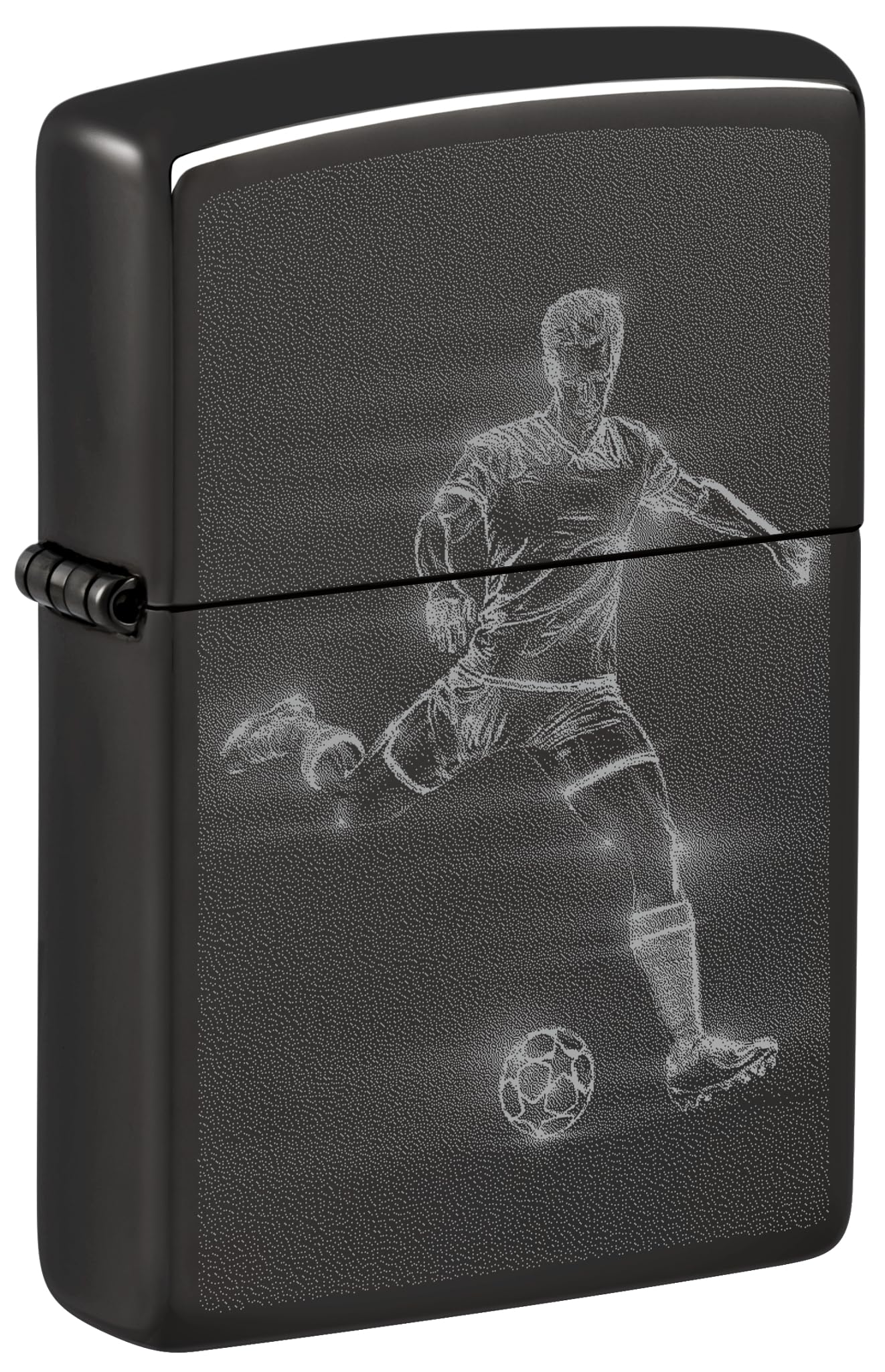 Zippo Encendedor a Prueba de Viento Recargable Reutilizable - Negro Alto Brillo - Diseño de Futbolista - Caja Regalo - Hecho en EE.UU.