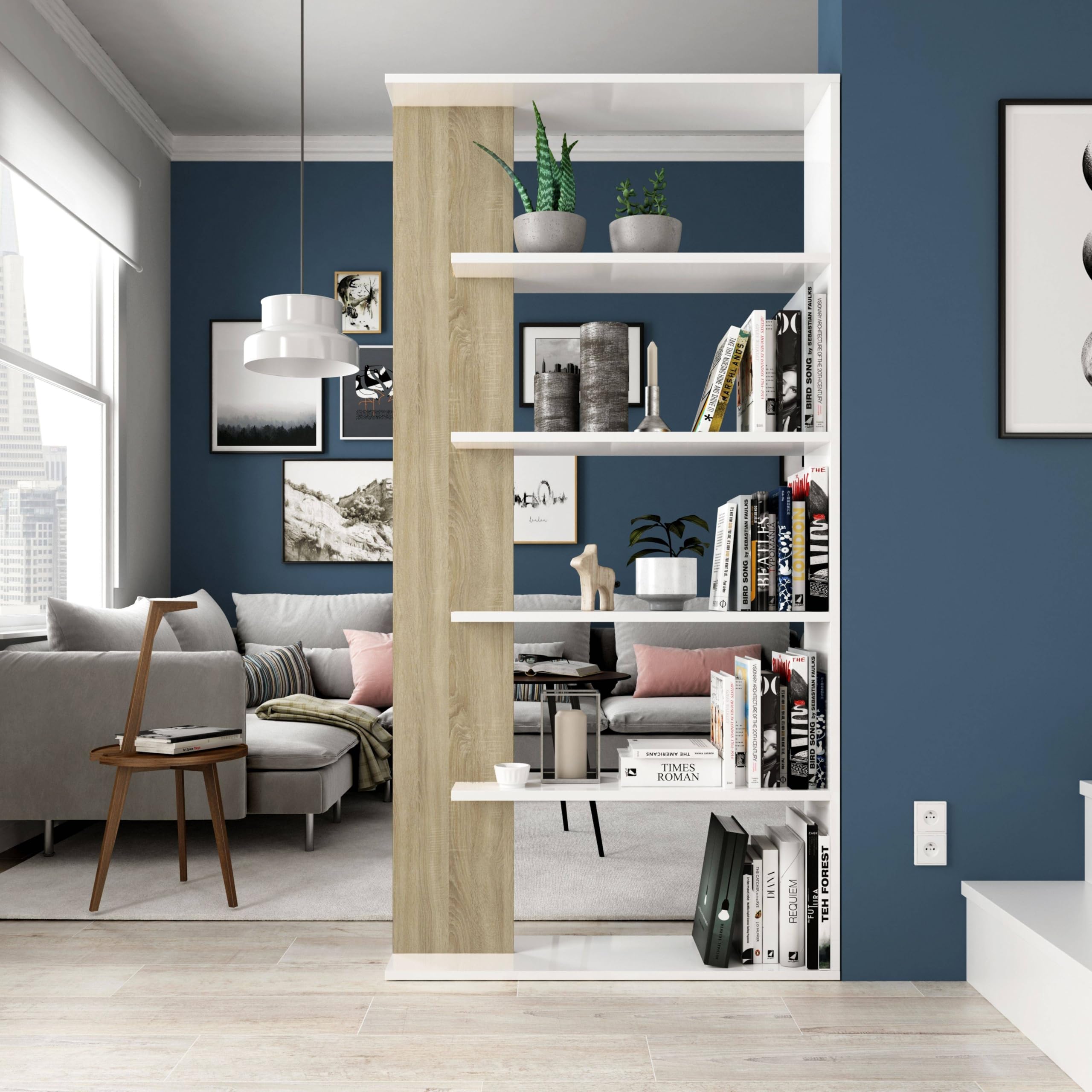 Habitdesign Estantería 5 baldas, Librería Comedor, Salon, Modelo Alida, Acabado en Color Blanco Artik y Roble Canadian, Medidas: 180 cm (Alto) x 90 cm (Ancho) x 25 cm (Fondo)