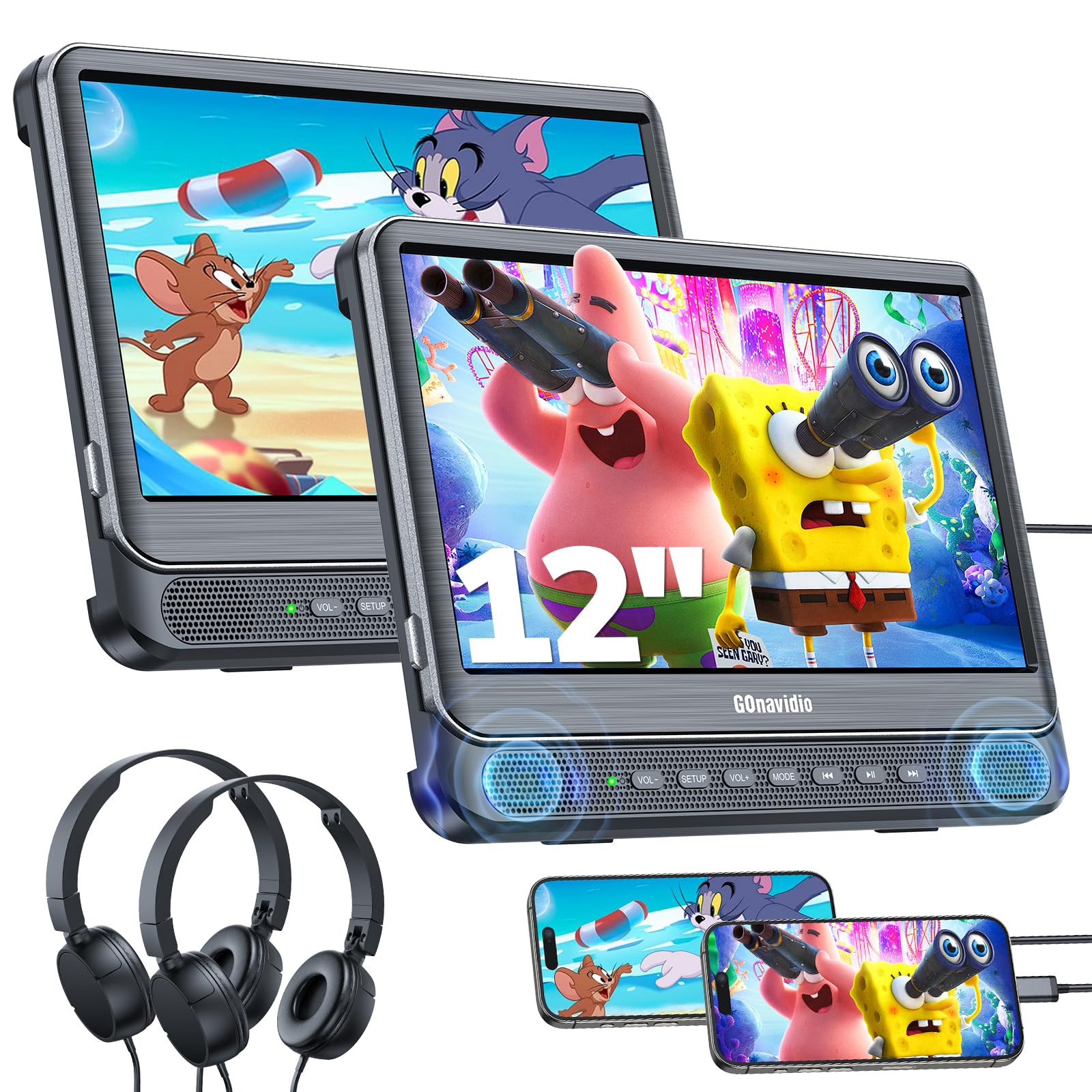 GOnavidio 12" Double Lecteur DVD Voiture avec entrée HDMI,2 Lecteur DVD Portable Voiture indépendants,ecrans Prise en Charge de la Carte USB/TF, décodage HD,Non Batterie