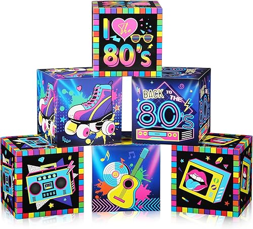 6 cajas grandes de decoración de fiesta de los años 80, caja de cartón temática de los años 80 de 12 pulgadas, cajas de fondo para decoraciones de
