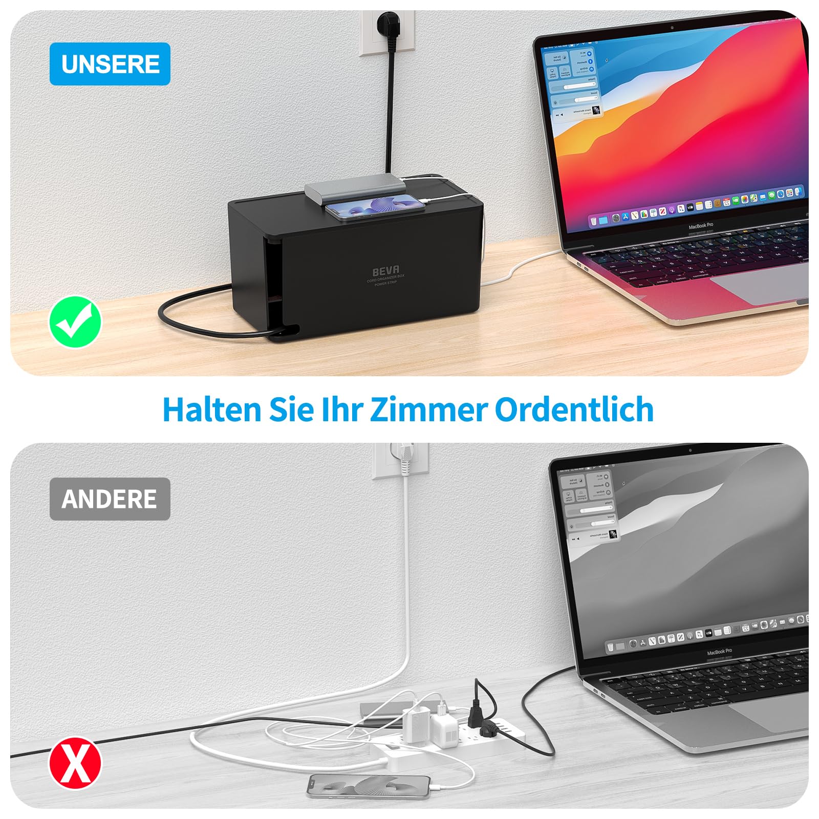 BEVA Kabelbox mit Steckdosenleiste 3680W/16A und 4M Kabel, Schwarz | 1050J Steckdosenleiste Überspannungsschutz , Mehrfachsteckdose mit 6 Steckdosen+ 3USB-A+1USB-C , Mehrfachstecker mit Schalter