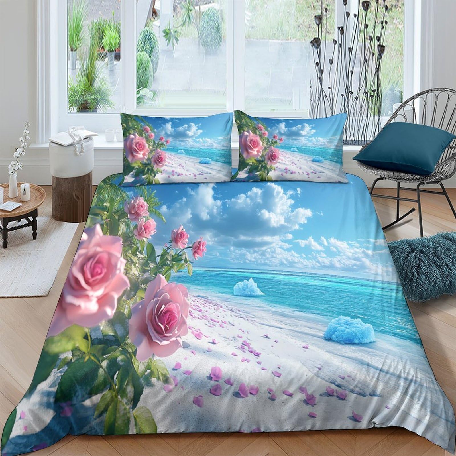GPLZQXKJNH 3D Printed Romantic Beach Rose Duvet Cover Set Microfiber Soft Breathable Ocean View Bedding with 2 Pillowcases for Bedroom Home Single（135x200cm）