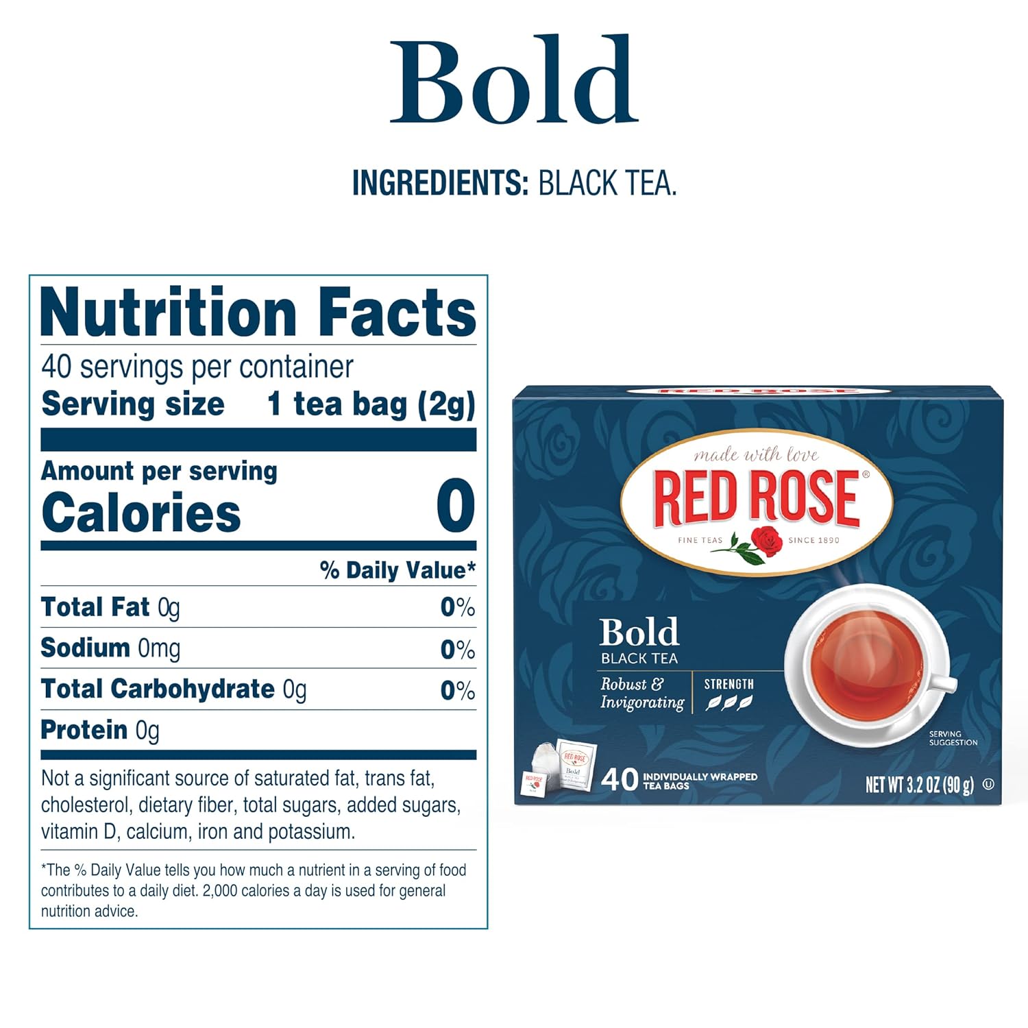 Red Rose Bold Black Tea Specially Blended Strong Tea with 40 Individually Wrapped Tea Bags Per Box (Pack of 6) Contains Caffeine Brew Hot Original Black Tea