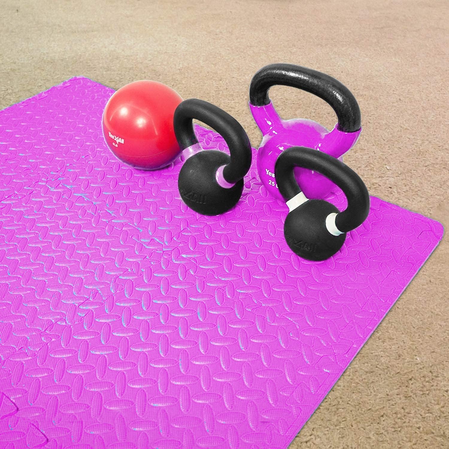 GSQUARE Fitness Puzzle Mat, Gym Floor Mat, Exercise Mat, EVA Foam Interlocking Tiles, Protective Flooring for Gym Equipment and Workouts, 12mm Extra Thick (Pink, 4pcs - 16 Square Feet) 4