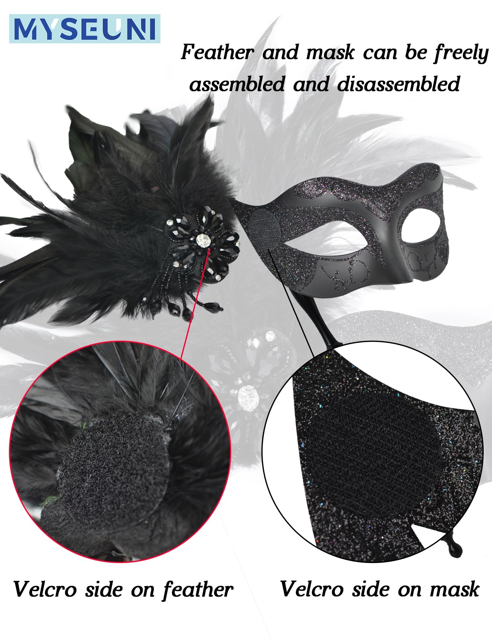 MYSEUNI 2025 New Black Masquerade Mask with Stick - Image 3