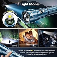 Vista 3 de WdtPro LED Rechargeable Flashlight 2 Pack, Super Bright Zoomable 6000 Lumens Tactical Flashlight with LCD Digital Display, 3 Mode Waterproof Flash