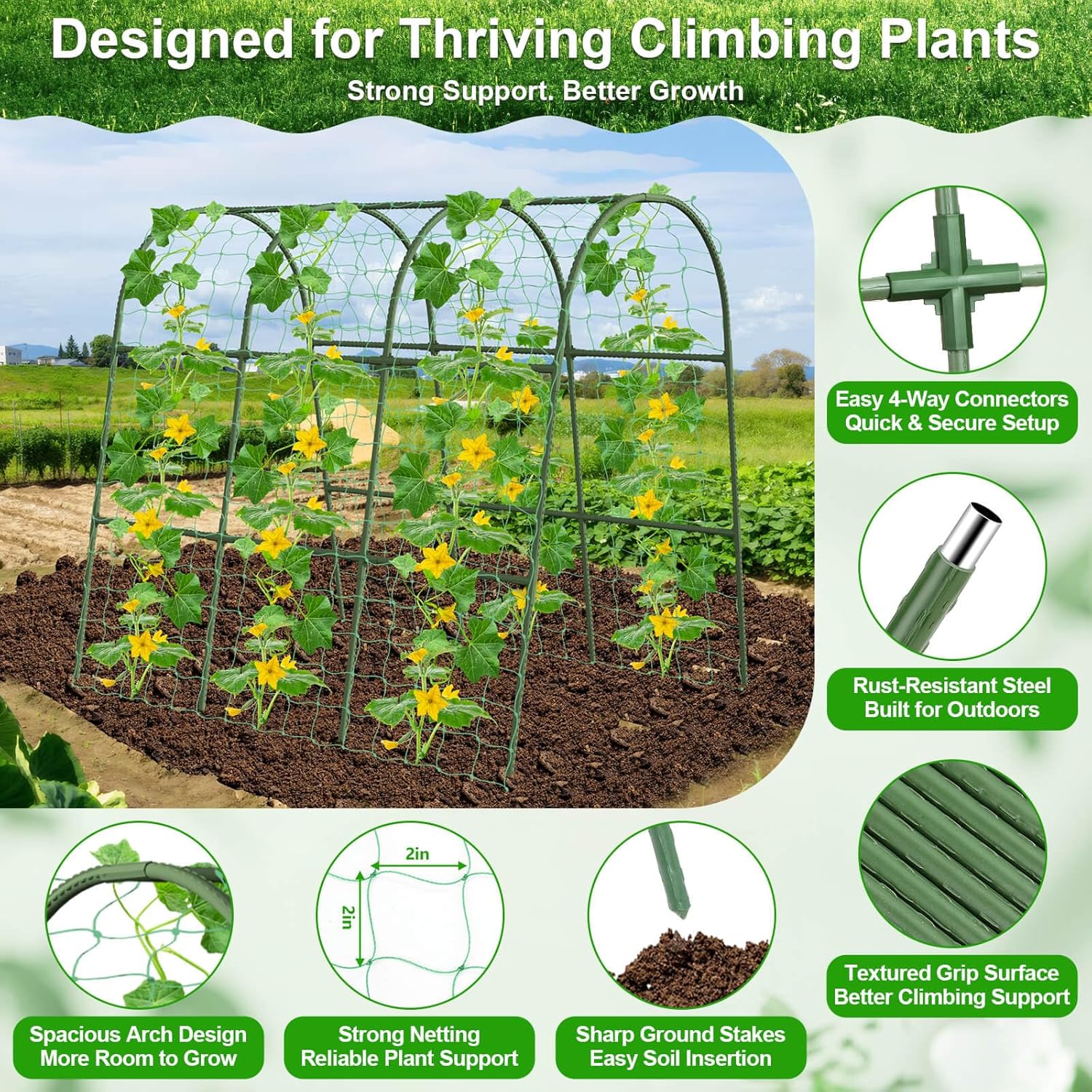 Cludoo Cucumber Trellis for Raised Bed Garden, U-Shape Arch Trellis for Climbing Plants Outdoor, Metal Vegetables Trellis with Netting, Garden Trellis for Cucumber Plants Sweet Pea Bean Grape