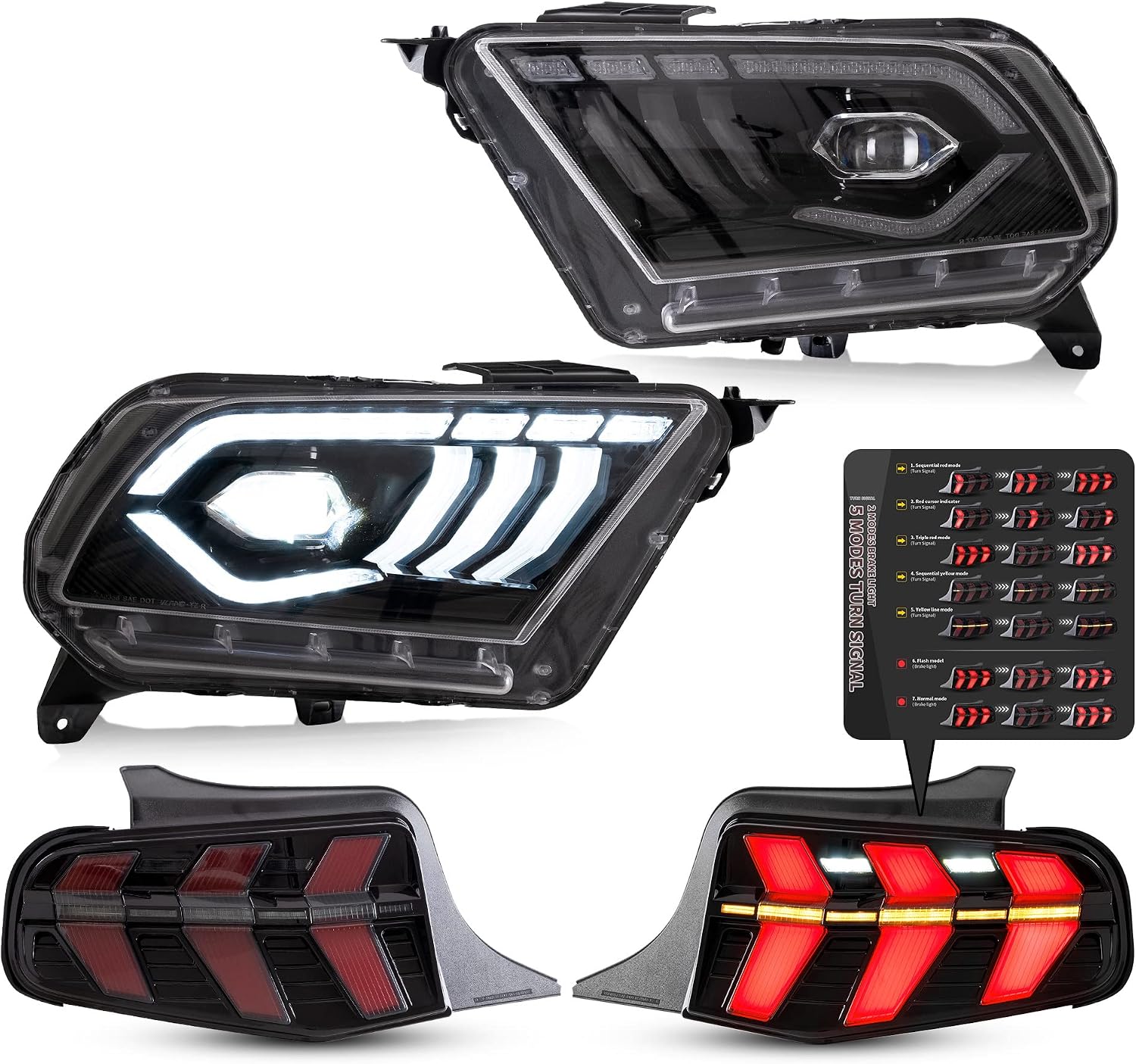 VLAND LED Headlights & 7 Modes Tail lights For [ 2010 2011 2012 Ford Mustang ] W/Welcome/Breathe Function Dynamic DRL & Sequential Turn Signal (Just Fit for Halogen Factory light)
