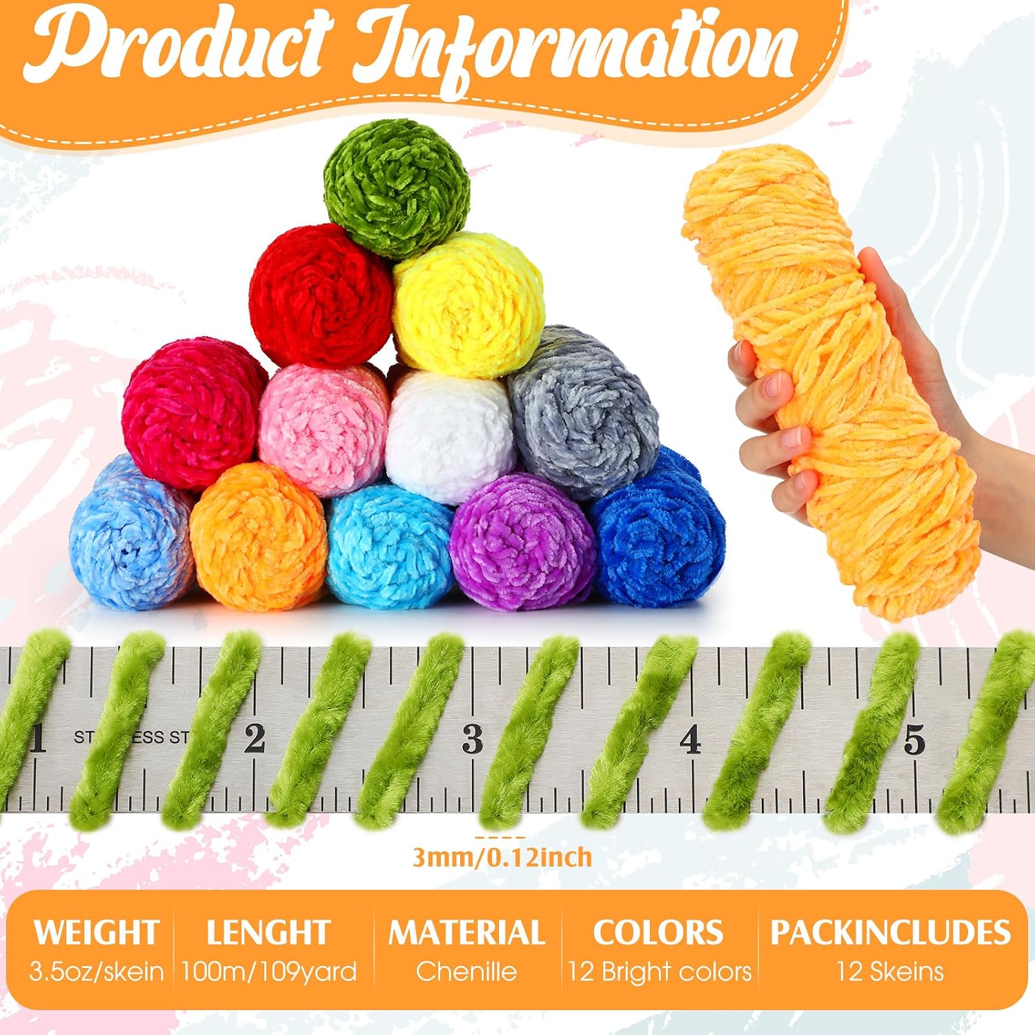 Timgle 12 Pack Chenille Yarn for Crocheting, Soft Velvet Yarn 1312 Yards, 3 mm Thick Fluffy Plush for Hand Knitting Weaving Sweater Shawl Scarf Gloves DIY Craft, 109 Yards Each(Bright Color)