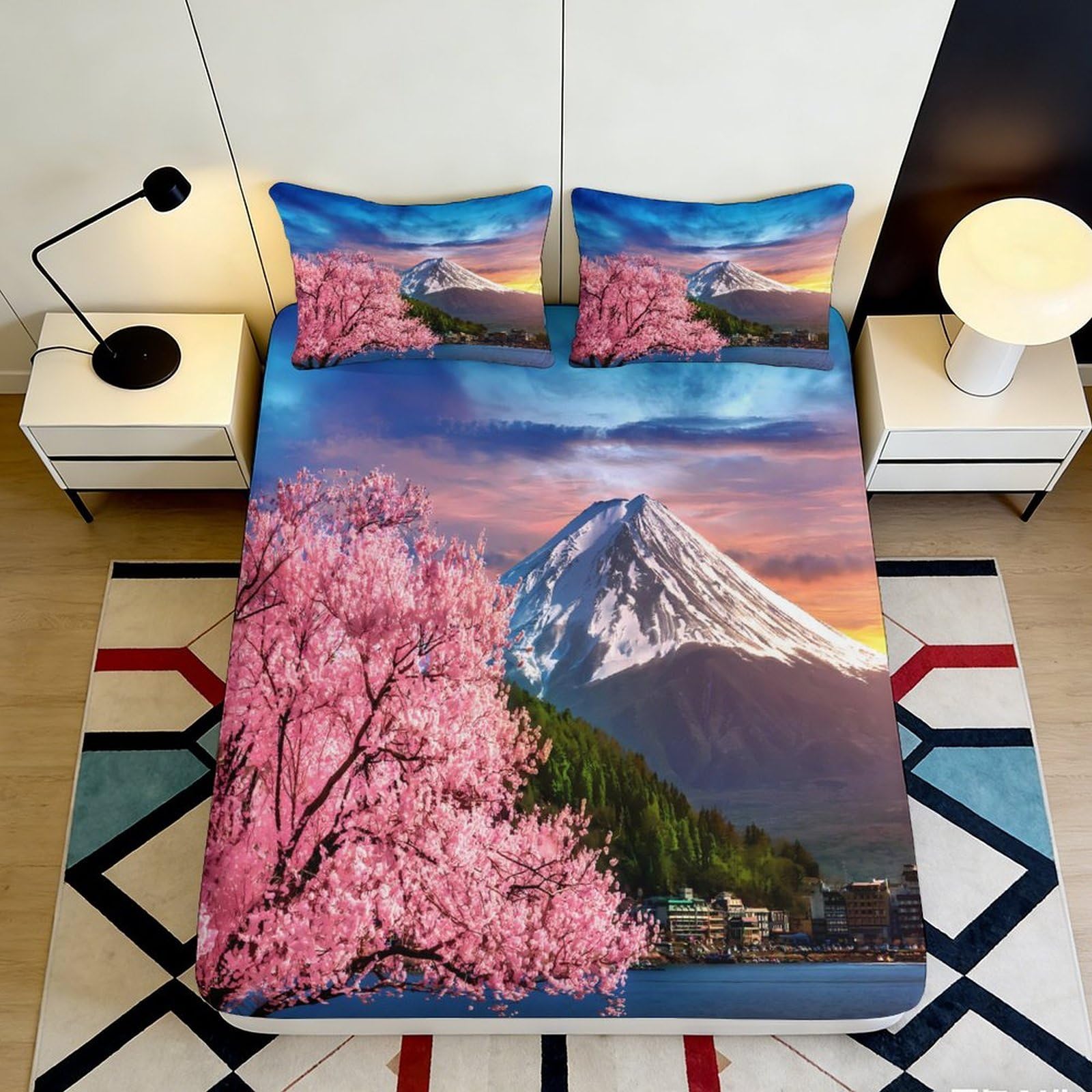 3D Printed Cherry Blossom Mountain Fitted Sheet Microfiber Deep Pocket Bedroom Bedding Non-Slip Sakura Mattress Fitted Cover Washable 140x200x25cm