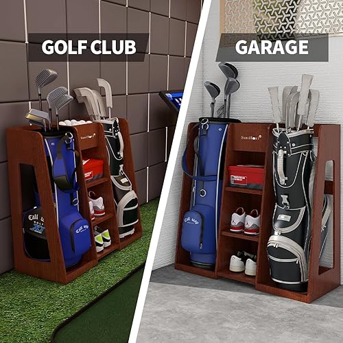 Miniatura 6 de SuniBoxi Organizador de bolsas de golf, estante de almacenamiento de golf de madera premium, elegante estante de almacenamiento de bolsas de golf