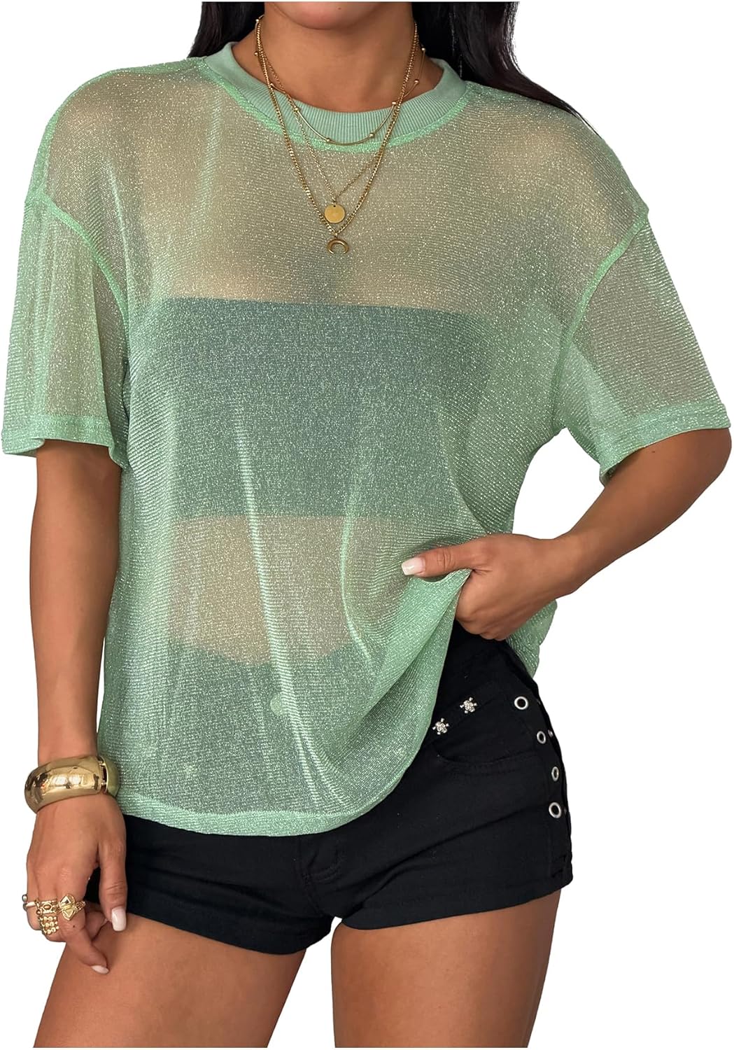 OYOANGLE Women's Sparkly Glitter Rave Concert Outfits Going Out Top Short Sleeve See Through Blouse Mesh Shirt