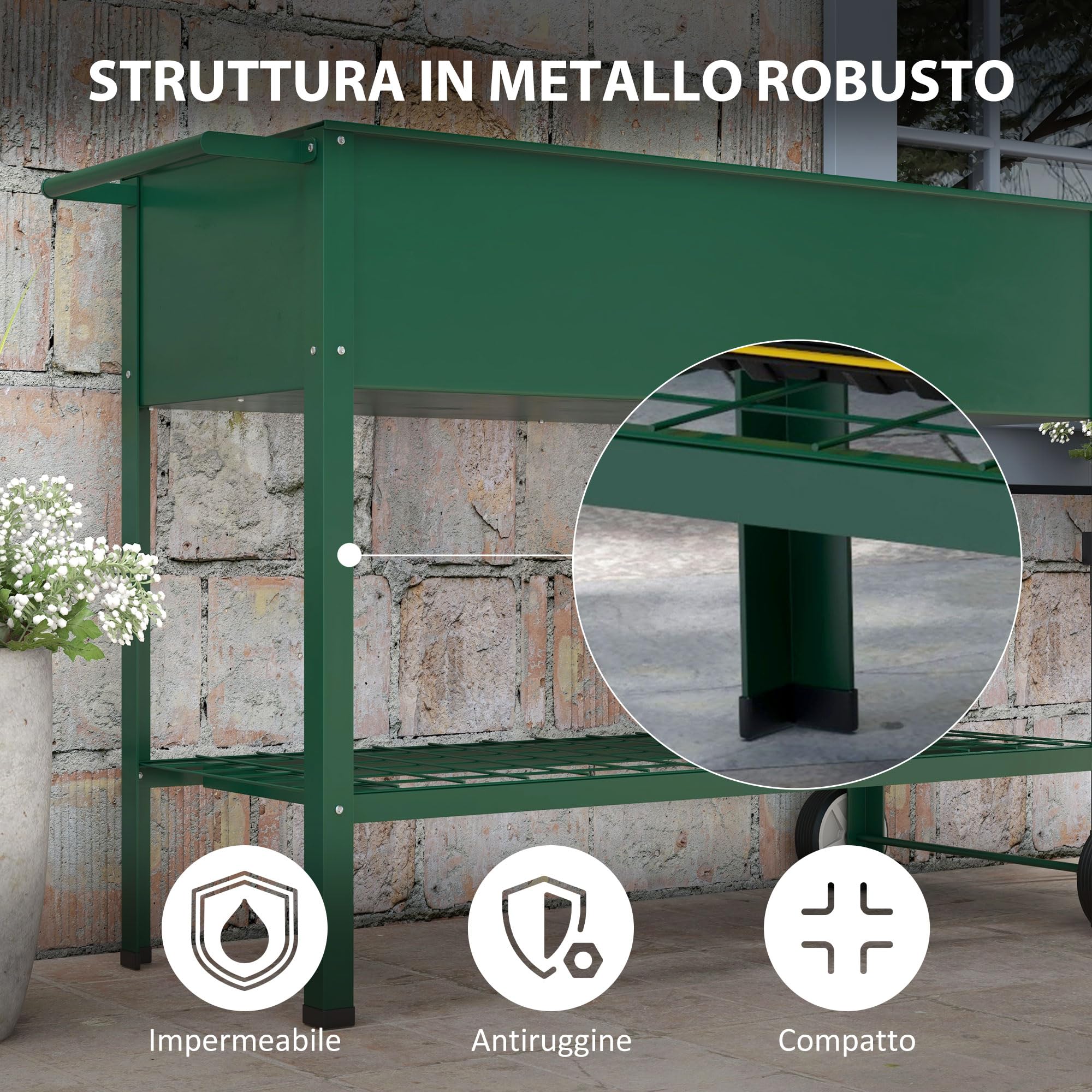 Outsunny Fioriera da Esterno con Mensola Inferiore Portautensili, Letto Rialzato da Giardino in Metallo con 2 Ruote e Maniglia, Letto per Orto, 104x39x80 cm, Verde