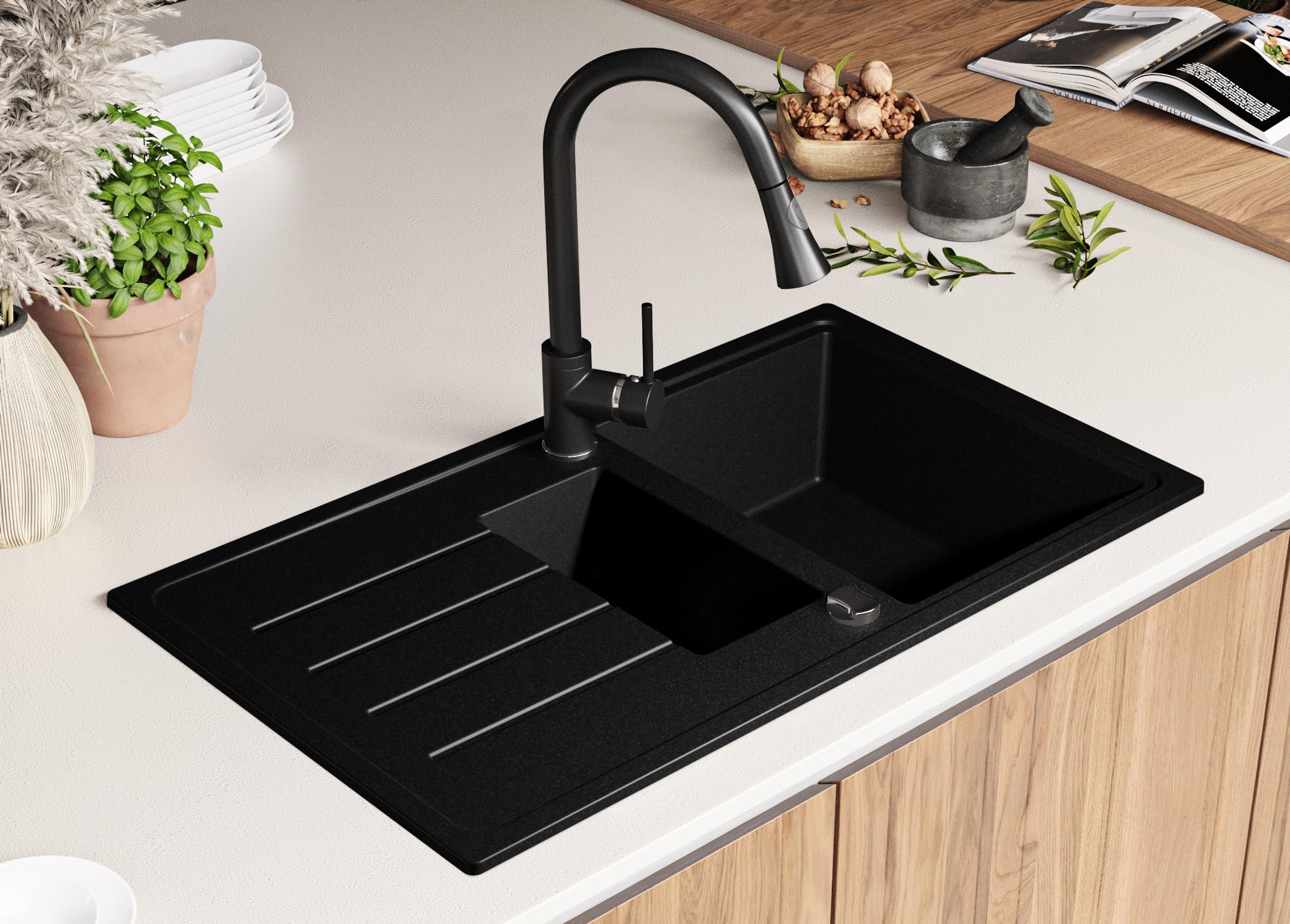 PRIMAGRAN Lavandino da Cucina Nero 90x50cm, Lavello in Granito a 1,5 vasche + Rubinetto 40x38cm + Set di accessori, Lavabo da Cucina Incasso al Mobile 60cm - Copenhagen Duo S027