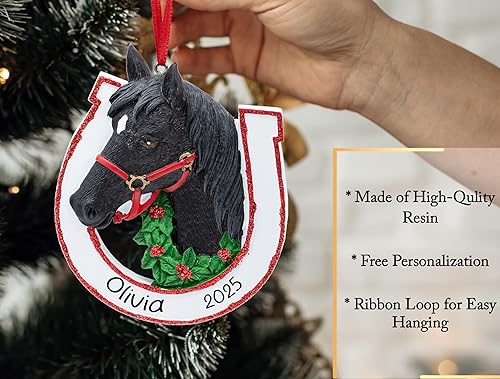 Miniatura 3 de Adorno de Navidad personalizado de caballo 2023  Caballo negro con corona y herradura para árbol de Navidad  Regalo de jinete ecuestre a caballo