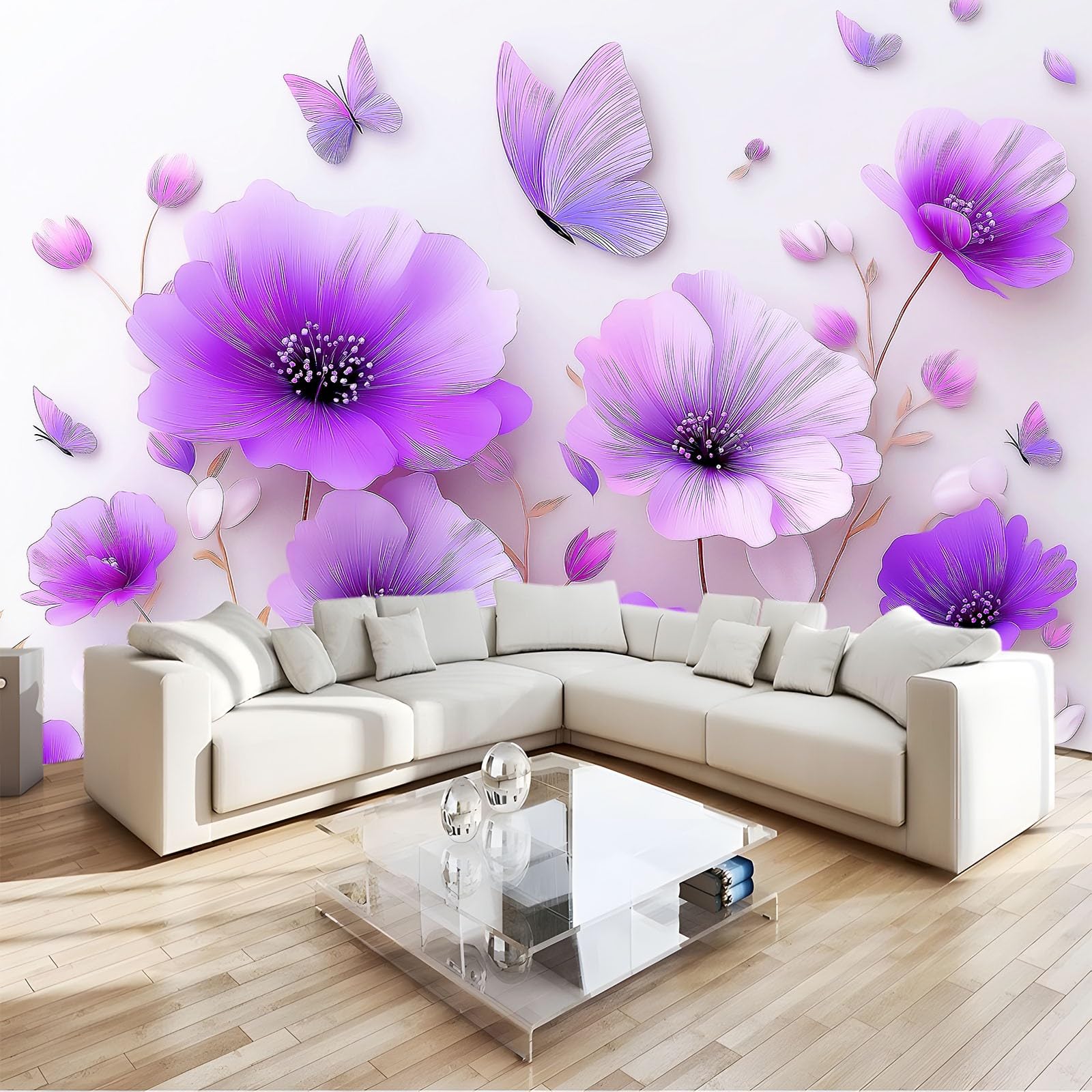 Panoramiczna tapeta 3D nowoczesny estetyczny kwiatowy motyl botaniczny liliowy 200 x 140 cm, tapeta z włókniny - fresk ścienny do salonu, sypialni i biura, dekoracja ścienna druk HD