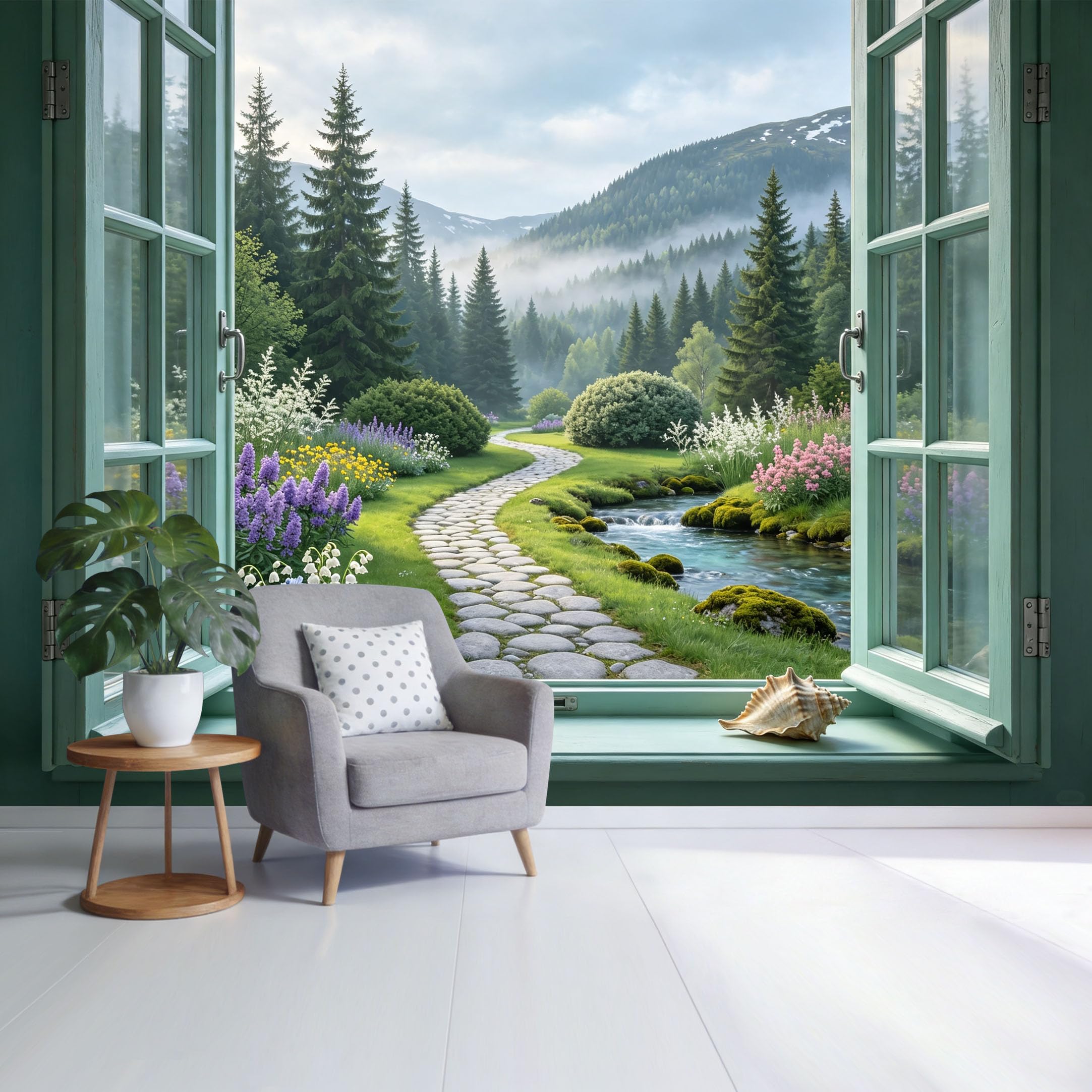 Custom Size Wall Mural Mountain Forest Stream Landscape 3D Trompe L'Oeil View Removable Self Adhesive Fabric， Home Wall Decor for Living Room Bedroom Bathroom
