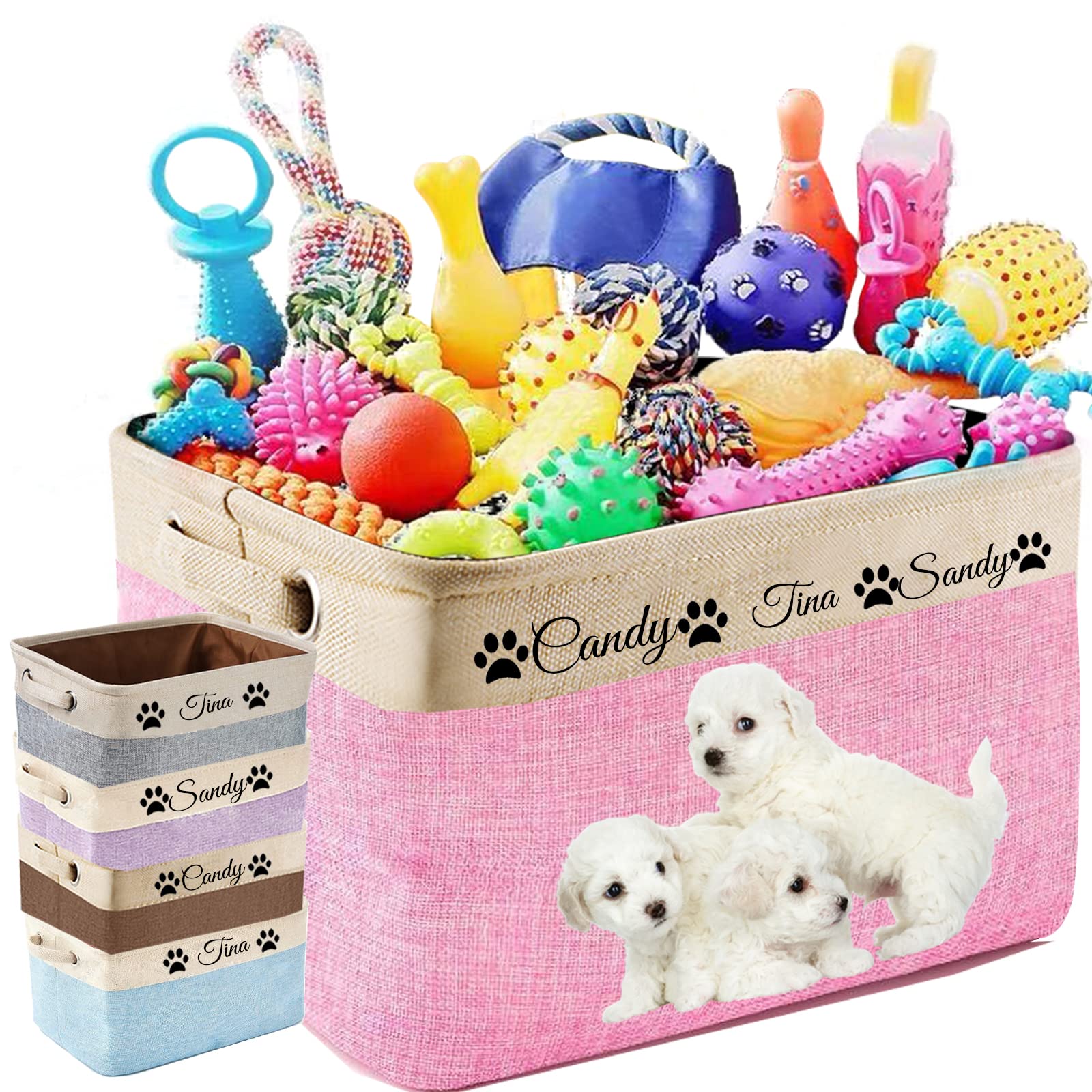 WBgjsnklbnl Personalised Dog Toy Baskets with Name Picture Custom Dog Toy Bin Rectangular Collapsible Storage Box