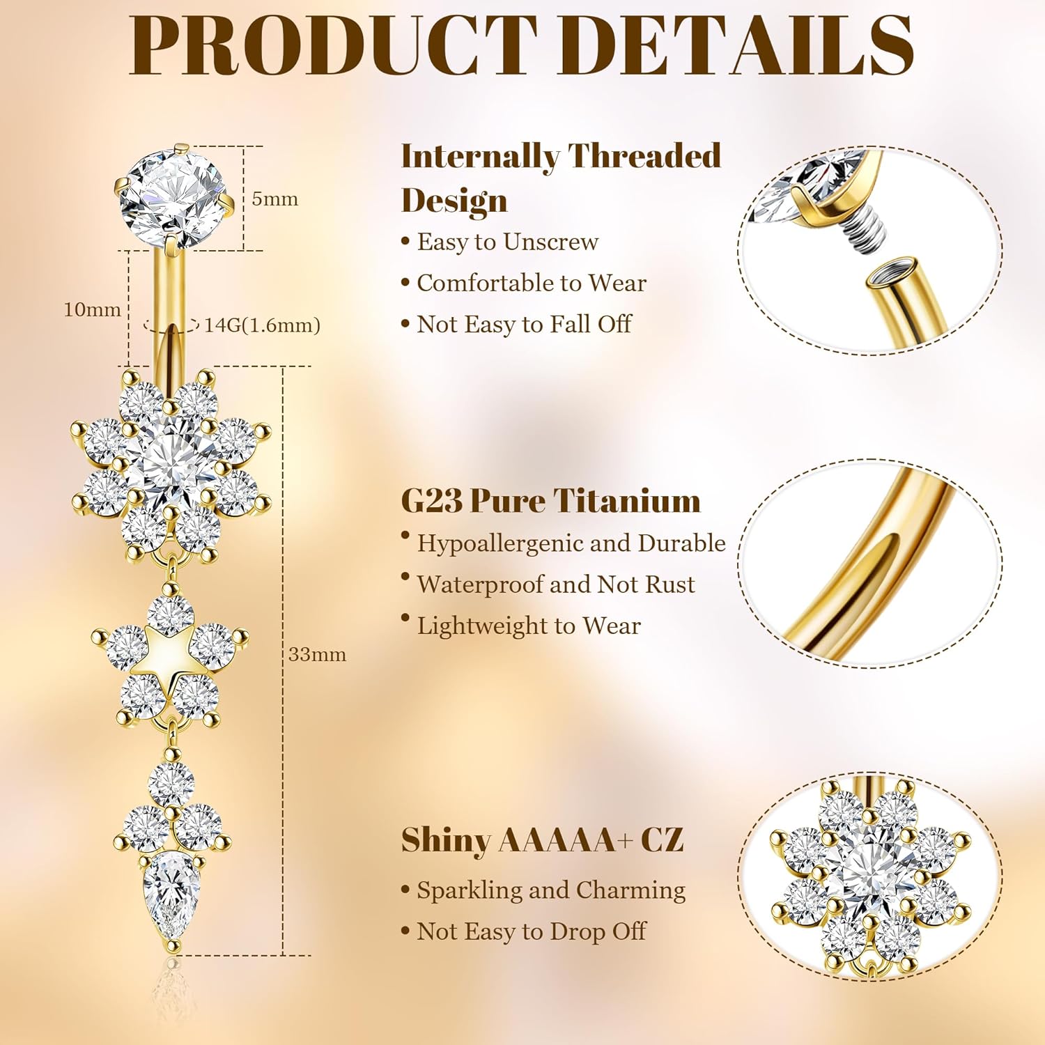 14G G23 Titanium Dangle Belly Button Rings for Women CZ Round Belly Rings Internally Threaded Flower Navel Ring Hypoallergenic Curved Barbell Belly Piercing Jewelry - Image 2