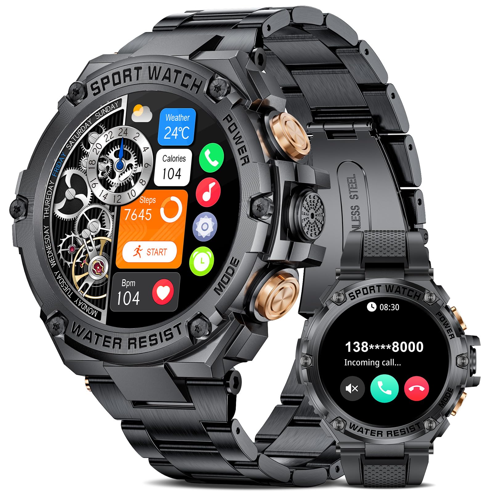 LIGE Reloj Inteligente para Hombre, Batería de 800 mAh, Pantalla táctil de 1,5 Pulgadas, Rastreador de Fitness Militar,123 Modos Deportivos, Podómetro Smartwatch para iOS y Android,Negro
