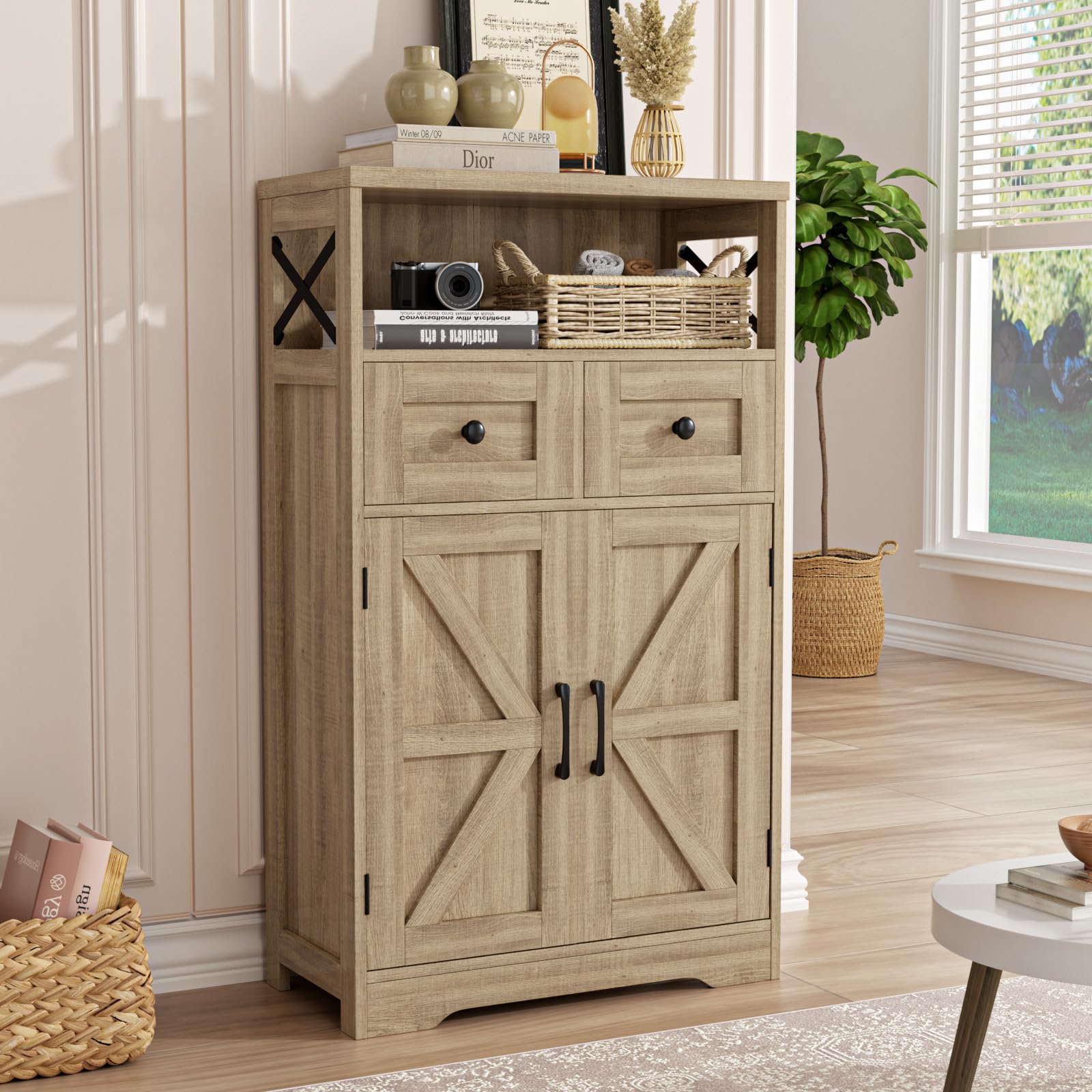 FiveWillowiseNatural Storage Cabinet with Doors and Shelves, Standing Kitchen Pantry Cabinet, Floor Storage Cabinet Hutch Cupboard, Coffee Bar Cabinet Station for Dining/Living Room/Home Office