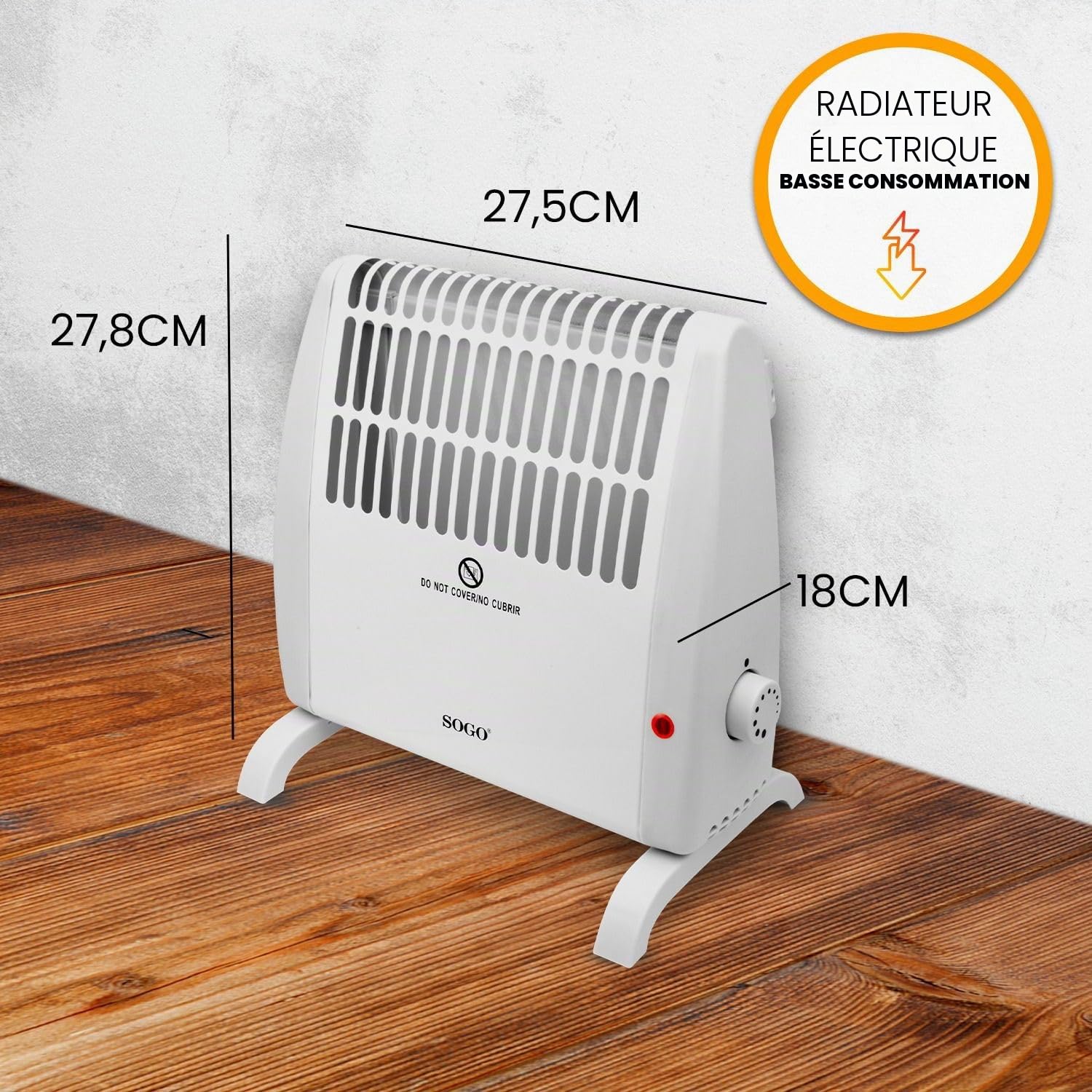Sogo Poêle à convection, chaleur instantanée et silencieuse, thermostat réglable, protection contre la surchauffe, blanc, compact (27,5 x 18 x 27,8 cm), idéal pour les petits espaces (SS-18405)