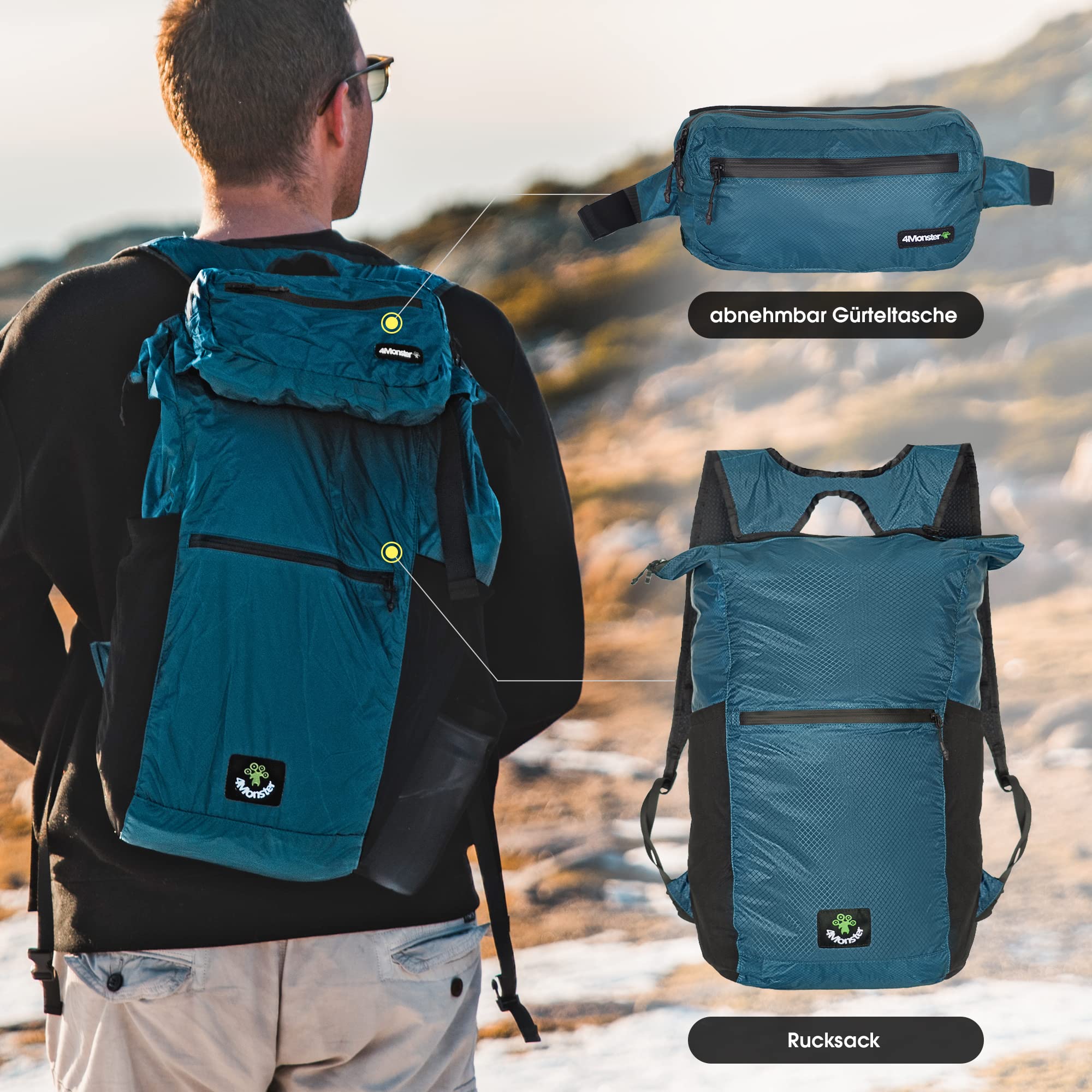 4Monster Zaino pieghevole ultra leggero, unisex per attività all'aperto, 2 in 1, zaino da trekking impermeabile