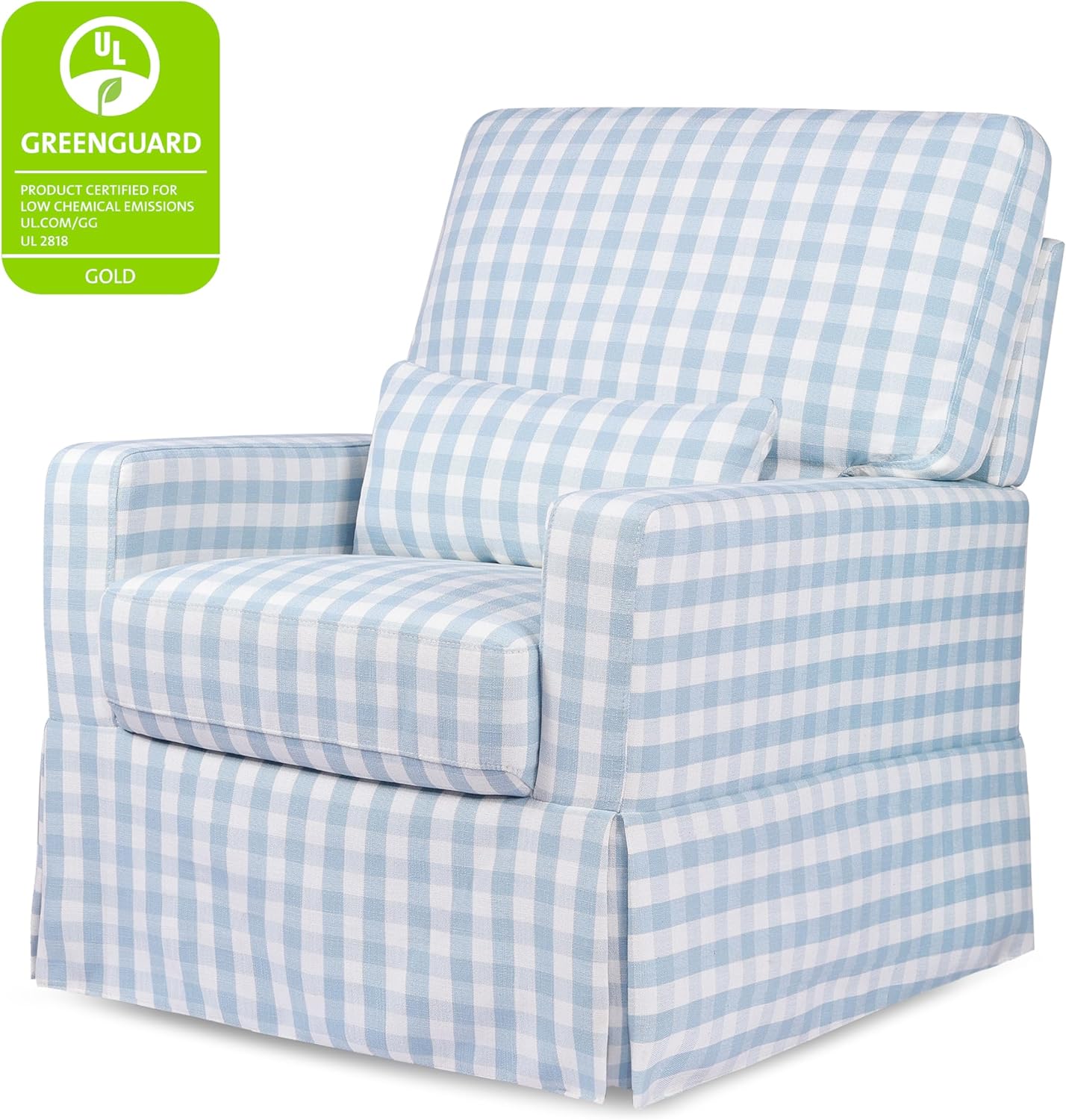 NAMESAKE Crawford Pillowback Comfort Swivel Glider in Blue Gingham, Greenguard Gold & CertiPUR-US Certified