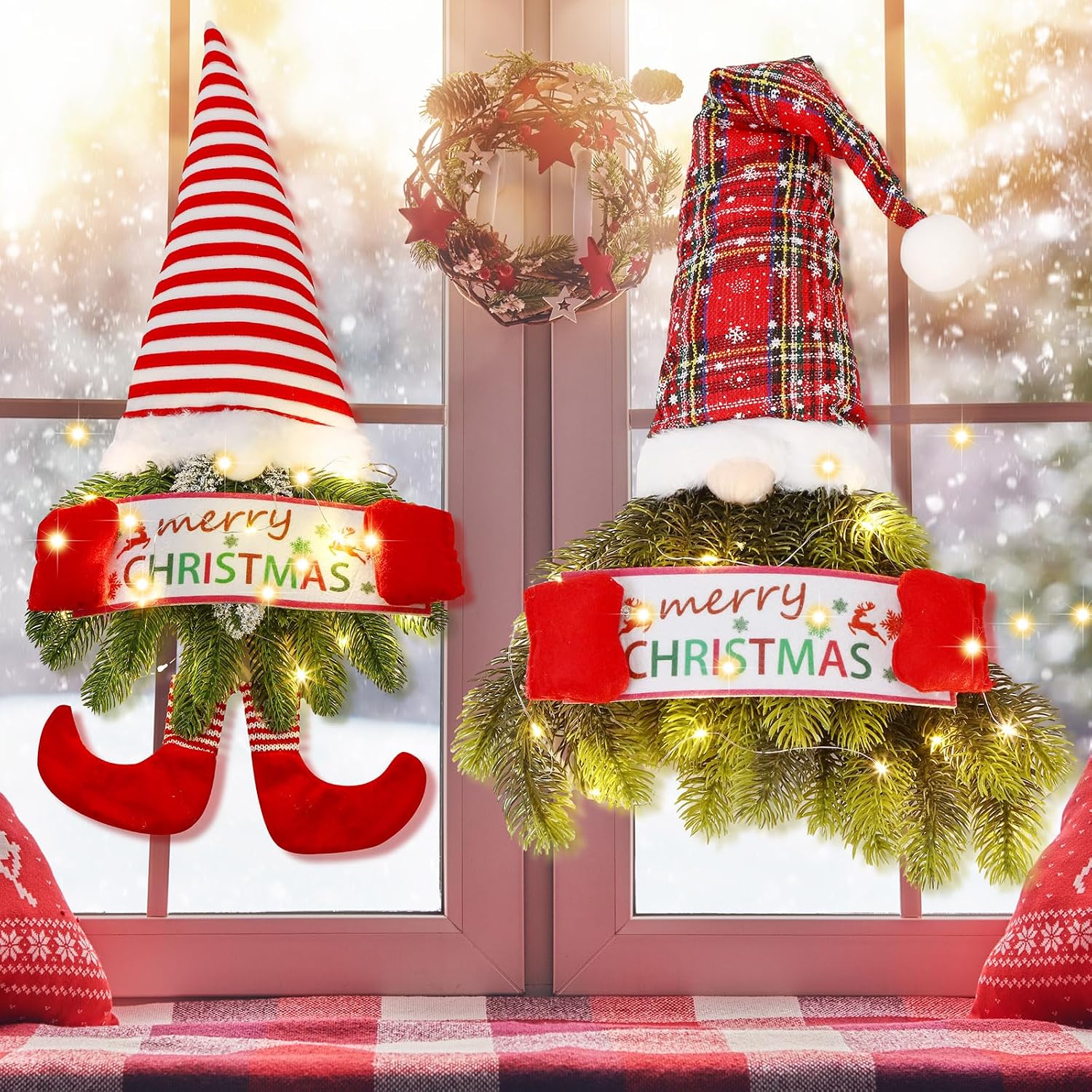 Leyndo 2 Pcs 30 Inch Christmas Wreath for Front Door Christmas Wreath Gnome with Light Artificial Pine Spruce Hanging Sign Santa Gnome for Door Window Wall Farmhouse Christmas Home Decor