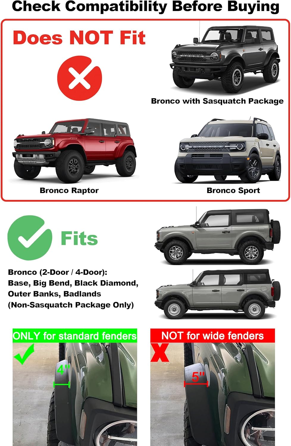 No Drill Mud Flaps for Ford Bronco 2021-2025 2026 Mudflaps Splash Guard Front Rear Mudguard Off-Road Accessories (Not for Raptor/Sasquatch)