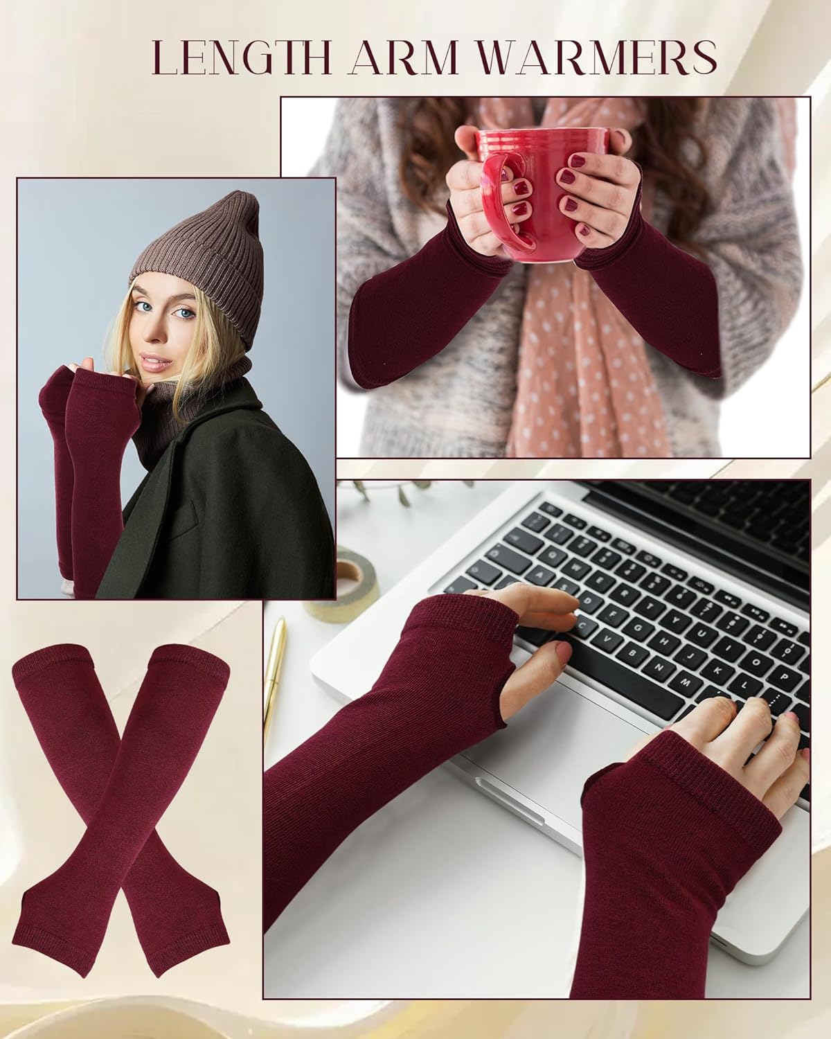 Syhood 1 Pair Women Winter Knitted Long Fingerless Gloves Striped Arm Warmers with Thumb Hole, Stretchy Elbow Length - Image 4