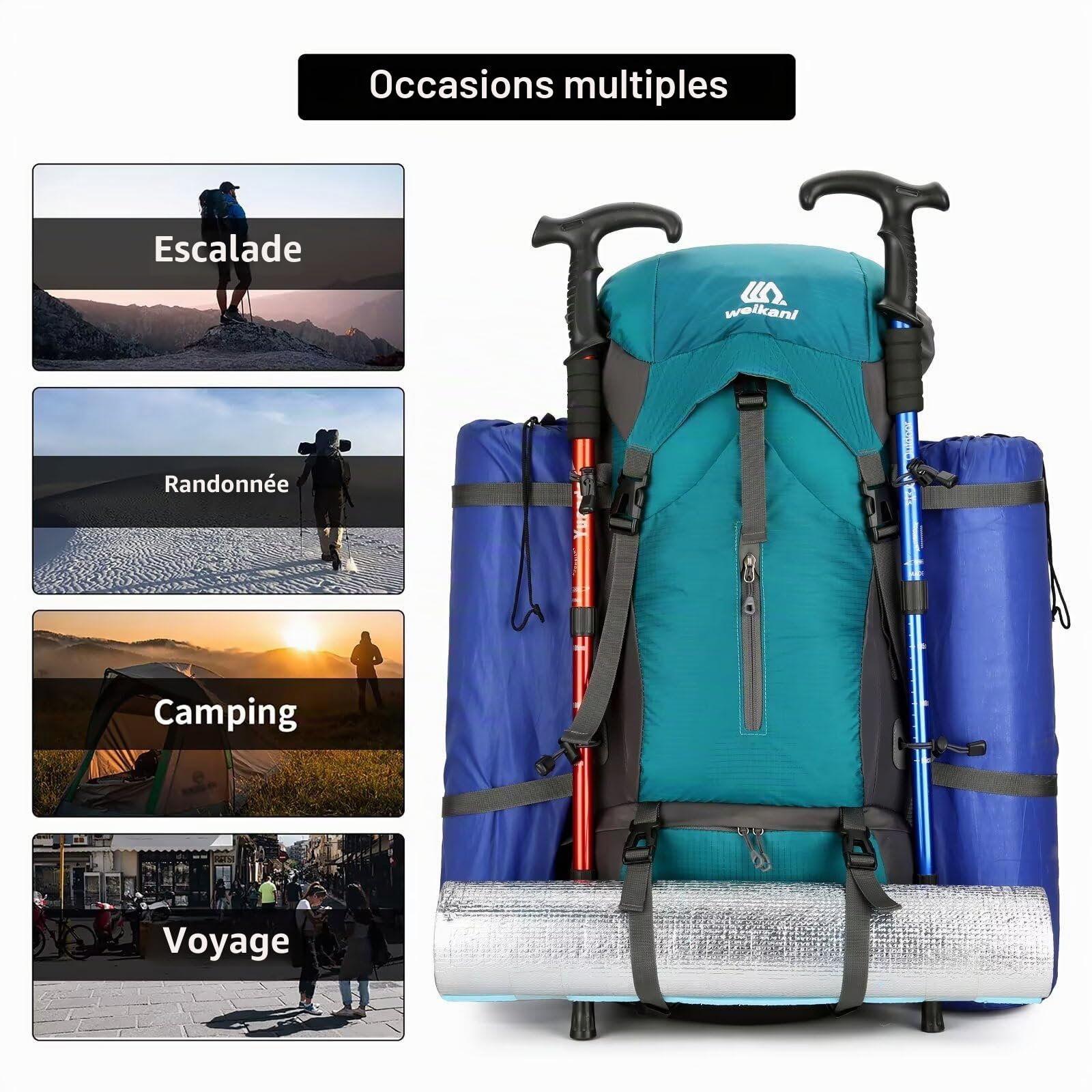Sac à dos de randonnée de 70 l avec housse de pluie - Léger - Pour homme et femme - Grand sac de randonnée imperméable - Pour randonnée, escalade, sports de plein air - Alpinisme