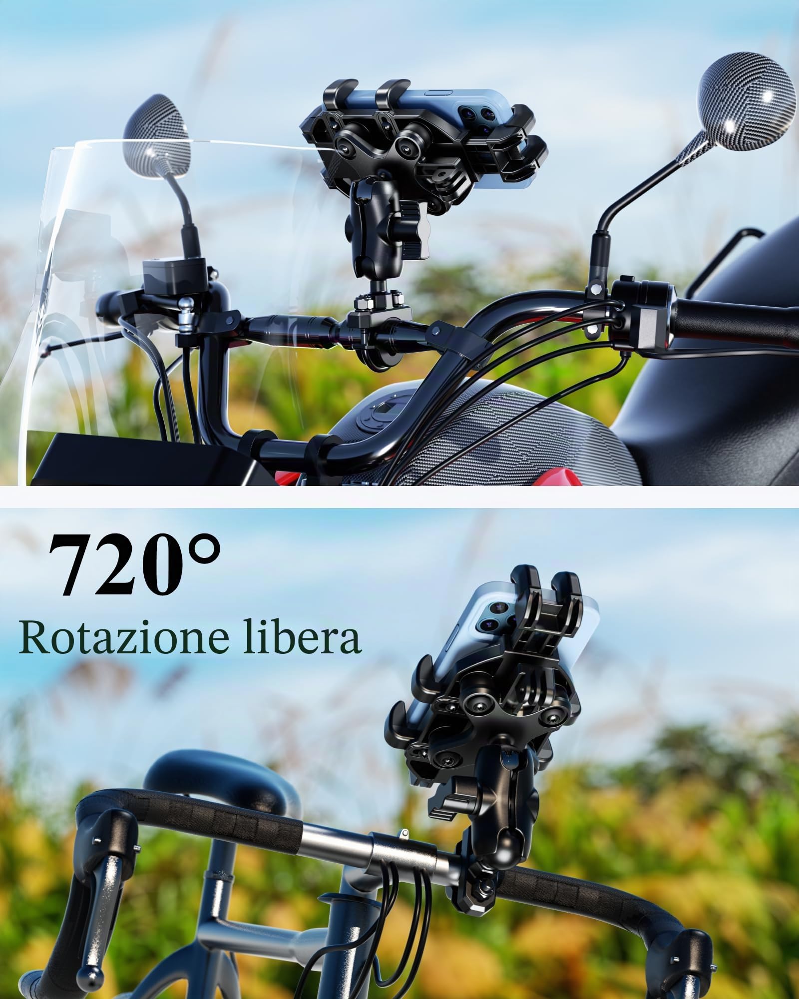 BRCOVAN Supporto per telefono da moto con antivibrazioni, supporto per telefono da moto, manubrio regolabile, per moto, bici, scooter, ATV, adatto per smartphone da 13,7 a 18,2 cm