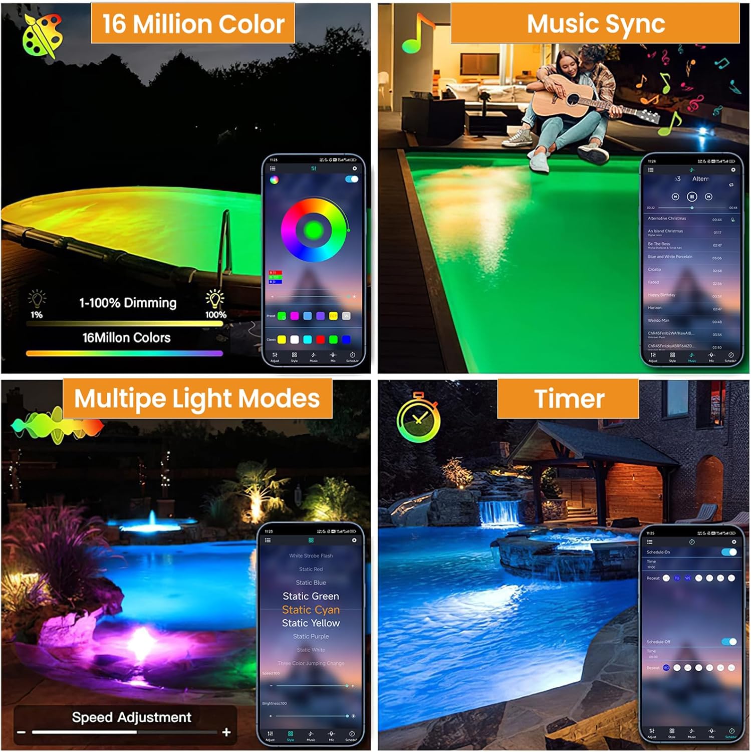 LED Pool Lights with APP Control, 20W Dimmable Underwater Submersible Light with Magnets, IP68 Waterproof Color Changing 12V Pool Lights with Timer for Above Ground Pool