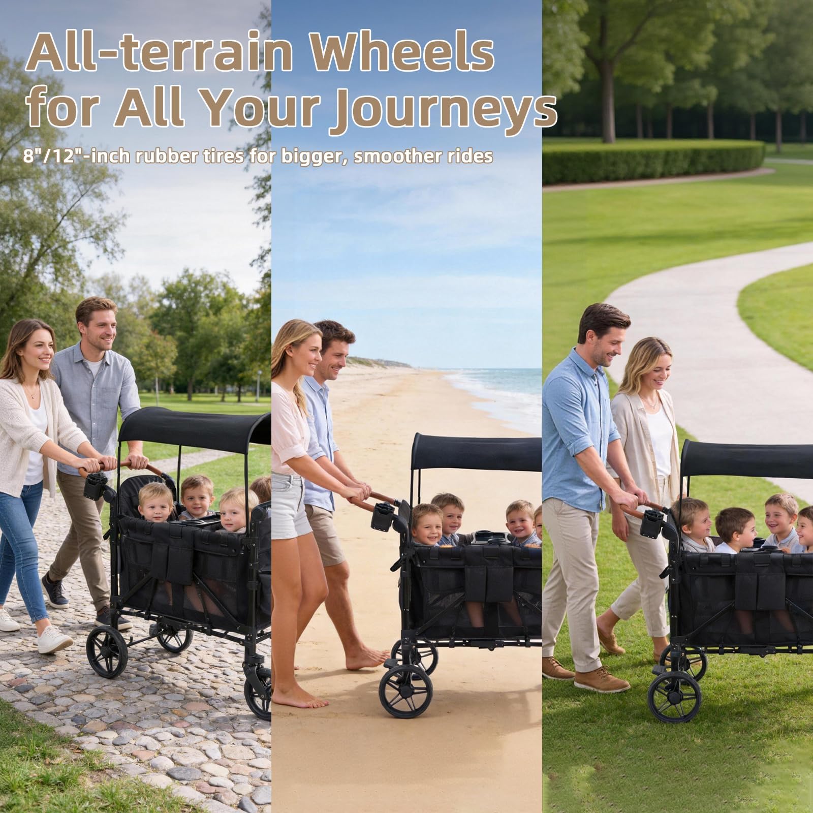 Bollerwagen Faltbar für 2-4 Kinder, Duo Schiebegriff Handwagen mit Dach, Bollerwagen Kinder 4 Sitzer für Ausflug Strand Camping