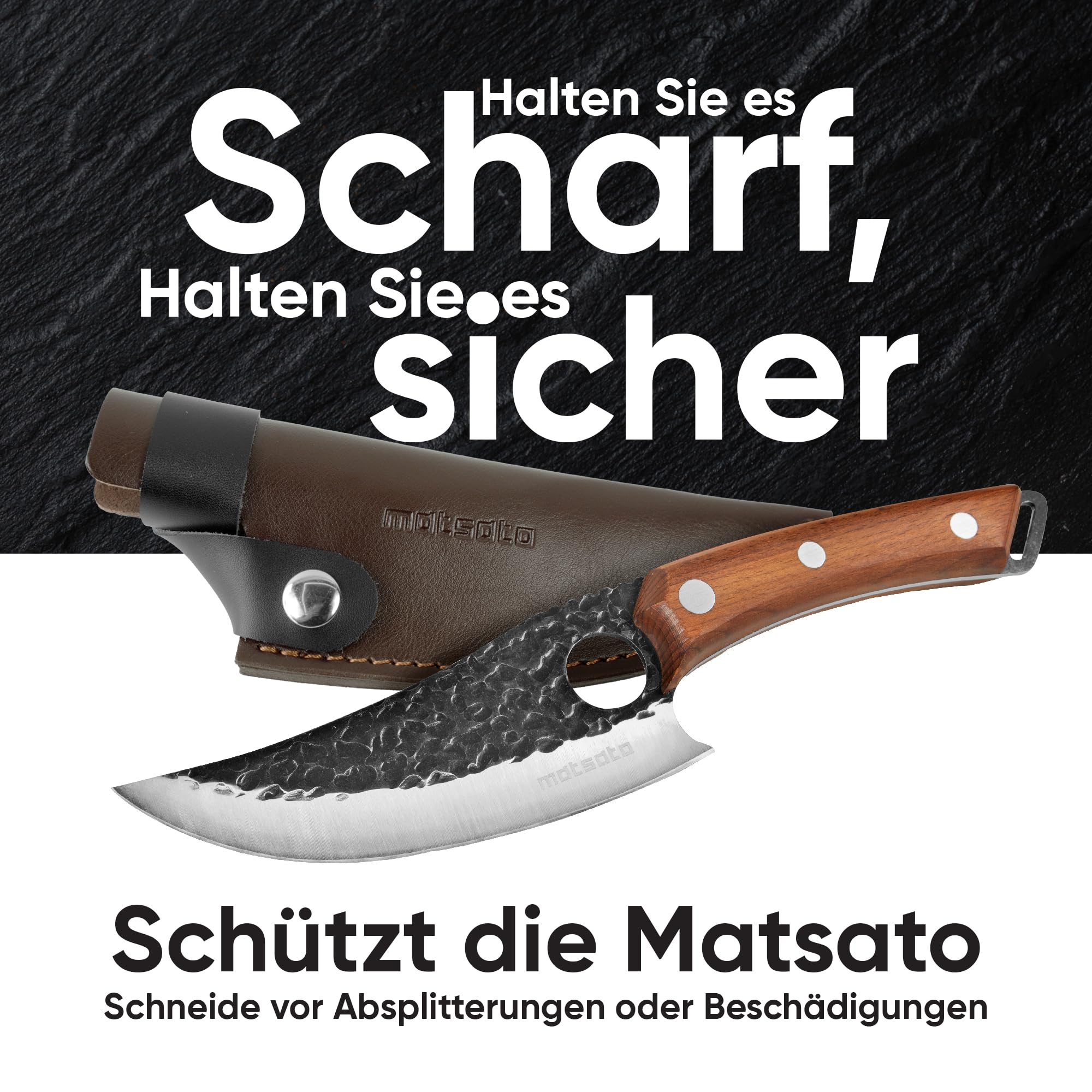 Matsato Küchenmesser Scharf mit Messerscheide Leder – Hochwertiges Kochmesser aus Japanischem Stahl, Klingenlänge 15 cm, Geschenk für Männer & Köche