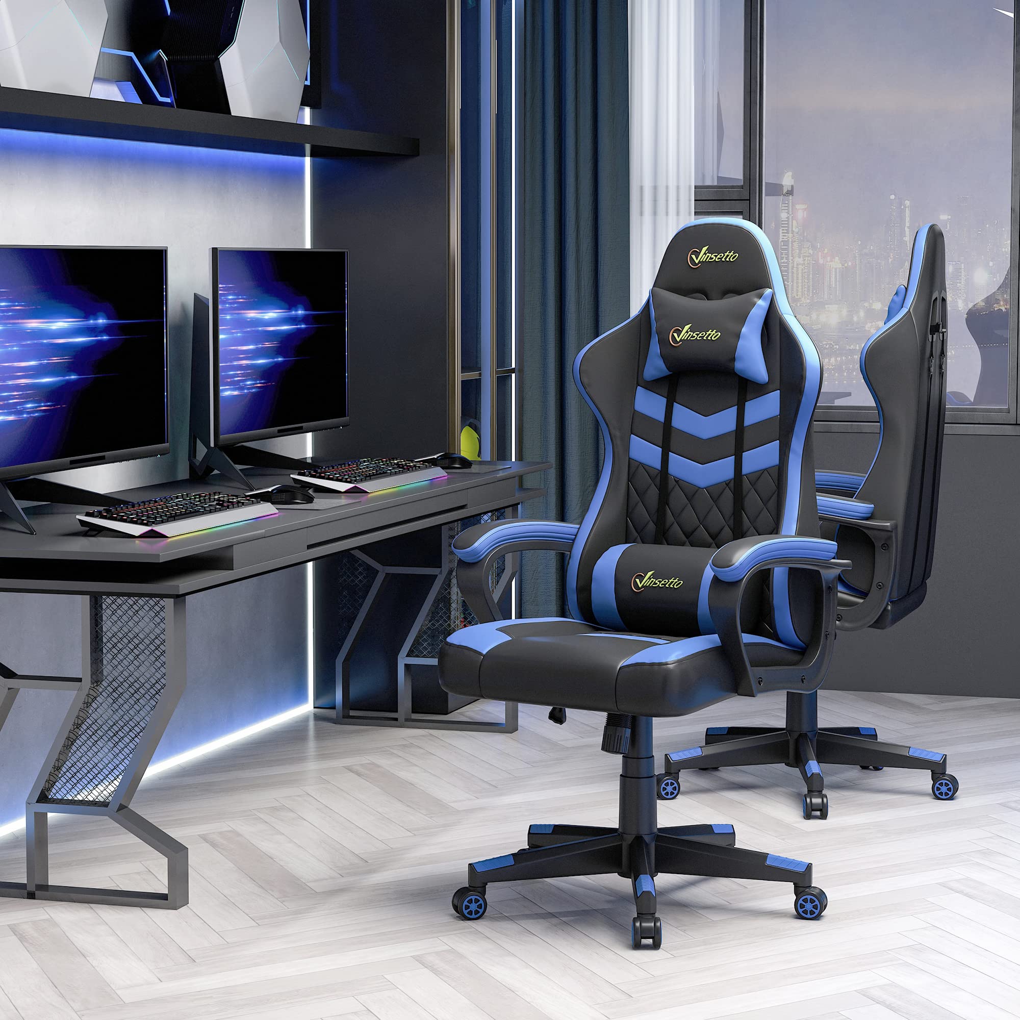 Vinsetto Silla Gaming Basculante Silla Gamer Altura Regulable con Reposacabezas y Cojín Lumbar para Salón Dormitorio Carga 120 kg 61x70x121-129 cm Azul