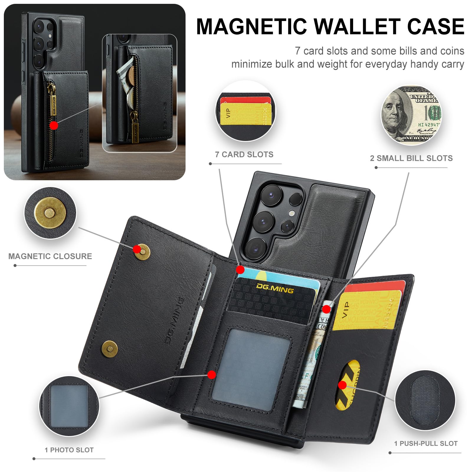 Custodia a portafoglio 2 in 1 per iPhone 14 Pro, custodia in pelle opaca con cerniera, staccabile, con fibbia a cinturino - Nero