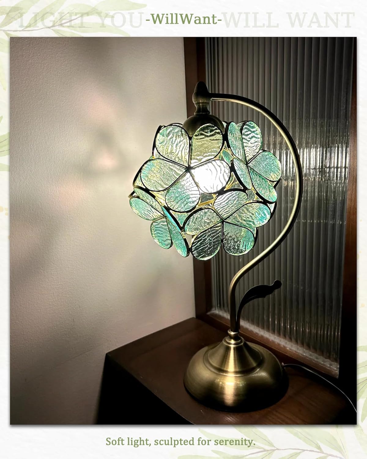 Tiffany Style Flower Table Lamp, Vintage Cherry Blossom Stained Glass Lamp with Brass Base for Bedroom Bedside Home Decor, Vintage Mint (Blue-Green)