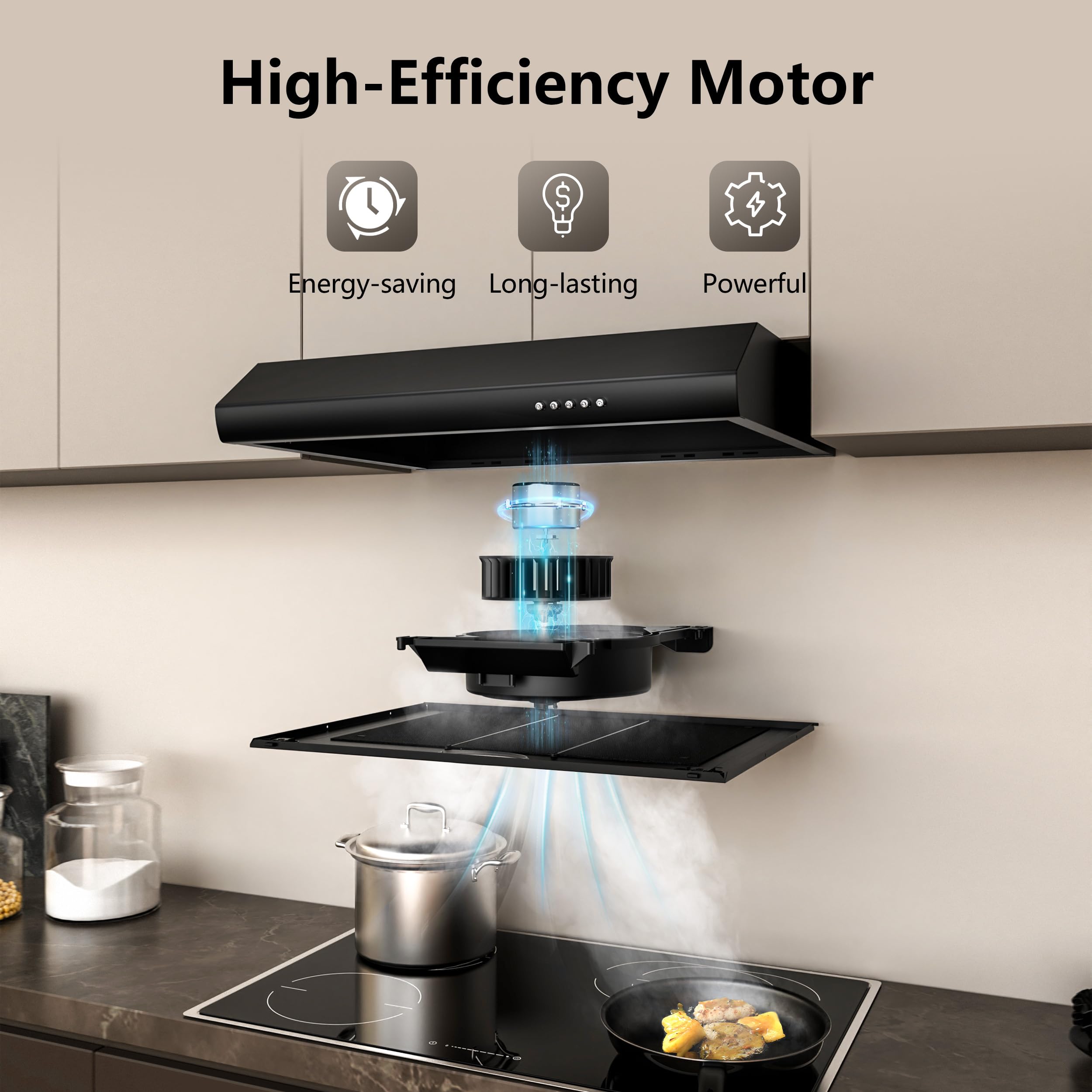 FIREGAS Cappa Aspirante 60 cm, Alta Efficienza, Design Moderno, Luce LED, Risparmio Energetico e Ricircolo,Cappa Cucina,Cappa Aspirante 60 cm Sottopensile,Nero