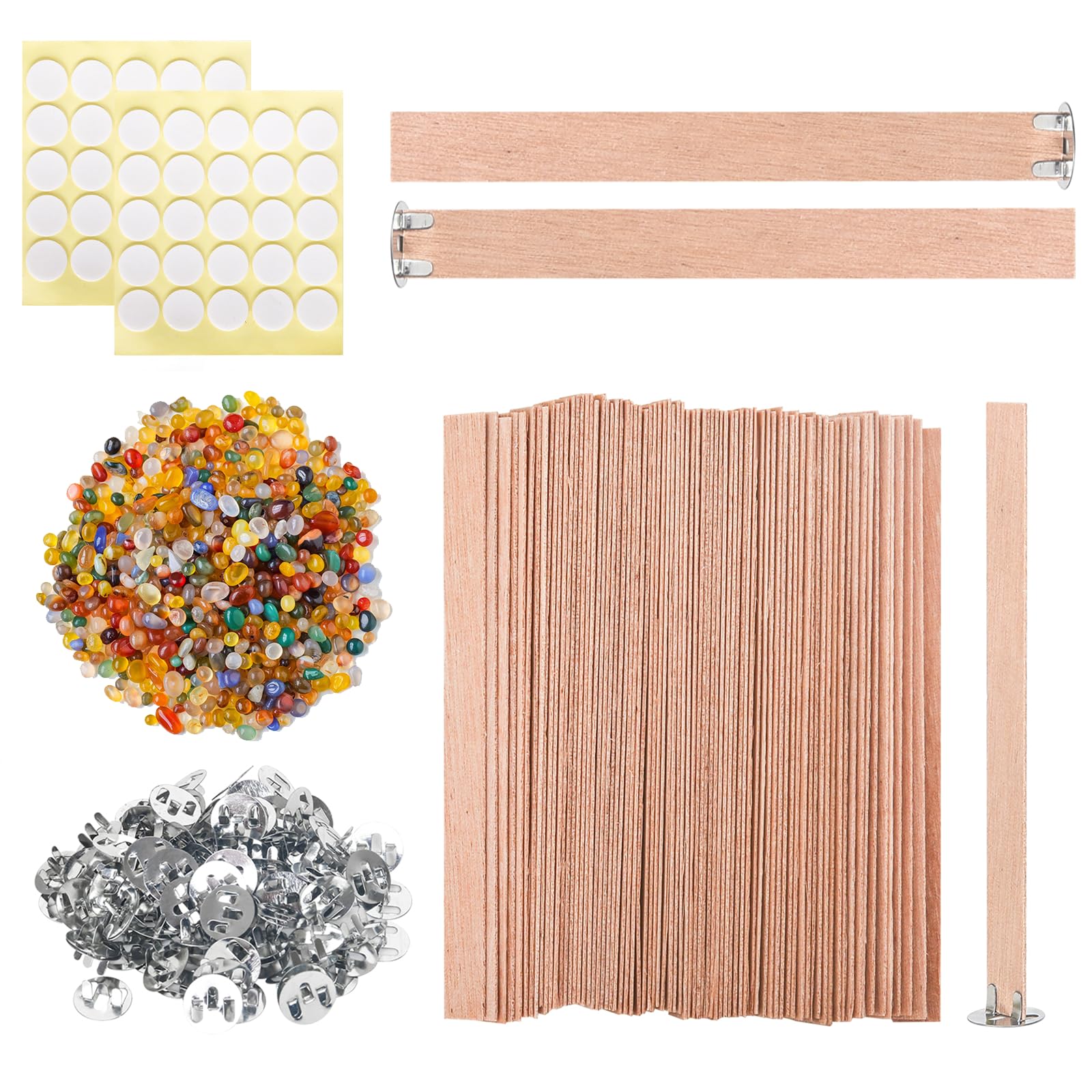 150 Pcs Wood Candle Wicks Set, 5.1 X 0.5 X 0.06 Inch Naturally Smokeless Wood Wicks for Candle Making, Wooden Wicks with Glue Dot and Colored Crystal for Candle Making