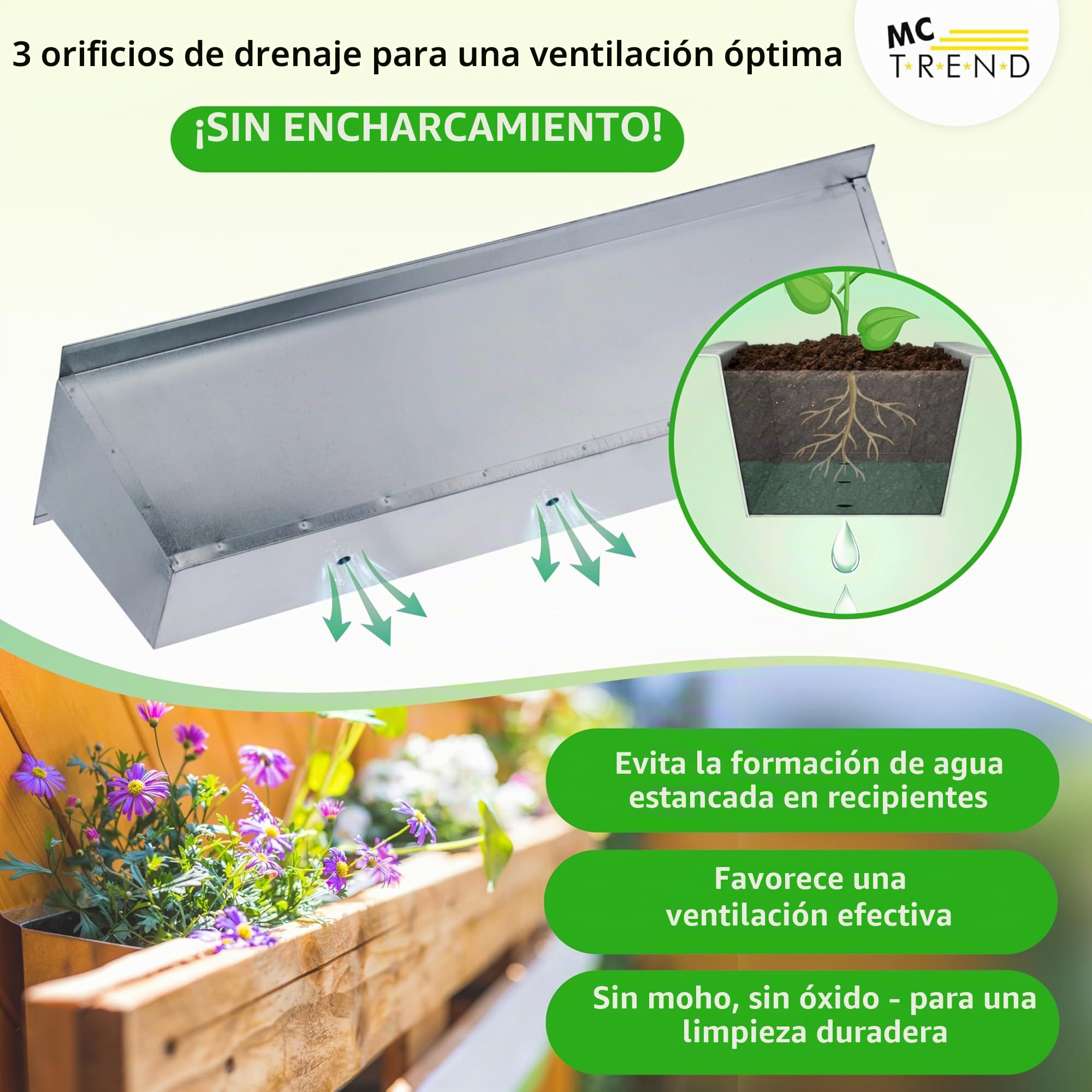 MC-Trend Macetero para palés europeos, metal galvanizado, resistente a la intemperie y a la corrosión, con agujeros de drenaje, 38,1 x 13 x 9 cm, 247 g, resistente a los rayos UV, apilable, varios