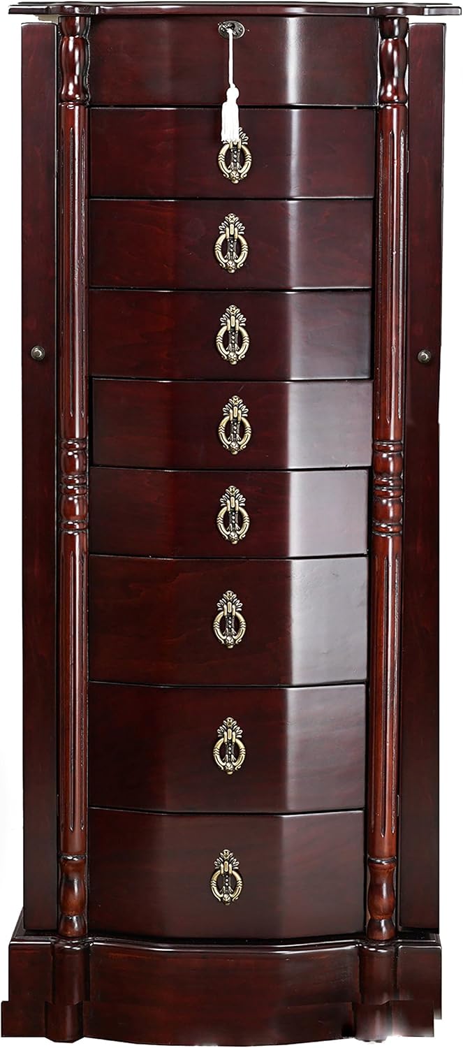 Hives and Honey Francesca Traditional Standing Jewelry Armoire Cabinet, Antique Locking Storage Organizer with Mirror, 8 Drawers, Necklace Hooks, Anti-Tarnish Lining