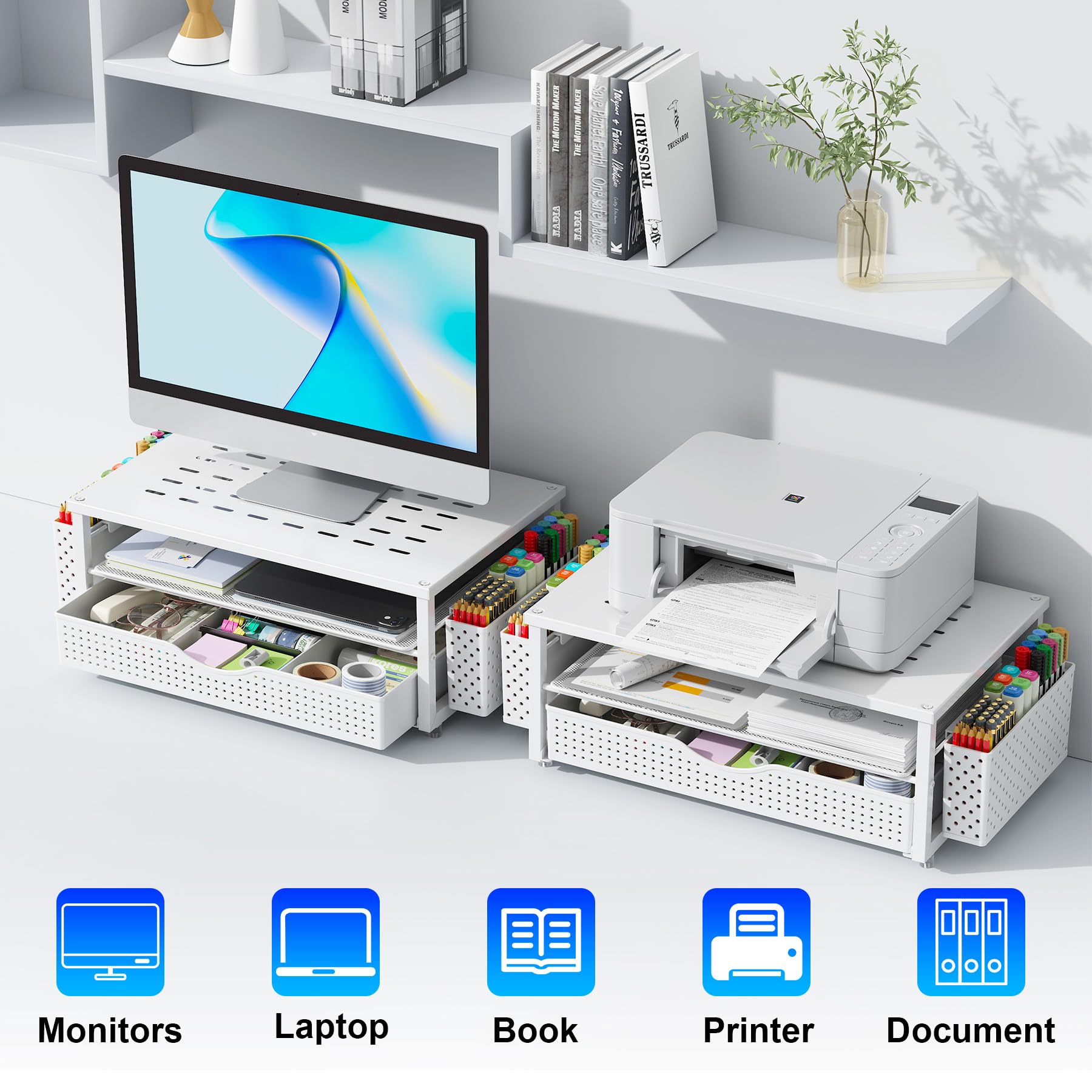 Gianotter Supporto per Monitor 2 Livelli con Cassetto e Portapenne, Organizer da Scrivania Bianco
