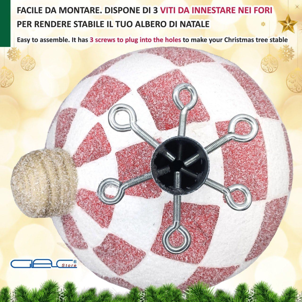 Base per Albero di Natale Sferica, 30 cm Diametro, 35 cm Altezza, Decorativa con Blocco e Viti di Fissaggio, Rosso e Oro (Bianco Rosso)