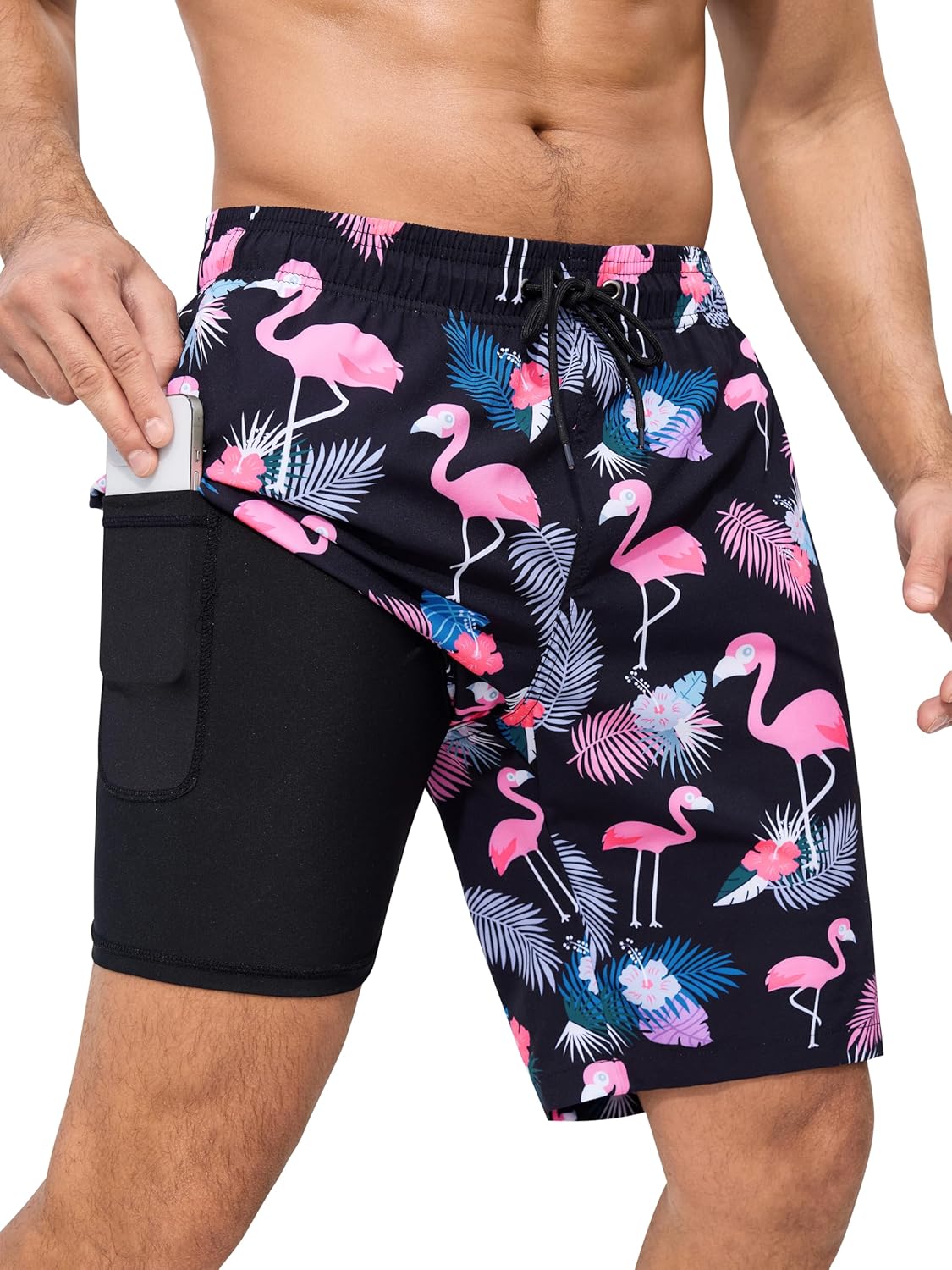 SILKWORLD Mens Swimming Trunks with Compression Liner 2 in 1 Quick-Dry 9" Swim Shorts with Zipper Pockets