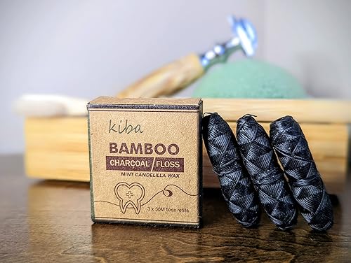 Miniatura 7 de Kiba Juego de 3 piezas de repuesto de hilo dental de carbón de bambú (3 recambios de hilo dental de 98.4 ft), hilo dental ecológico con cera de